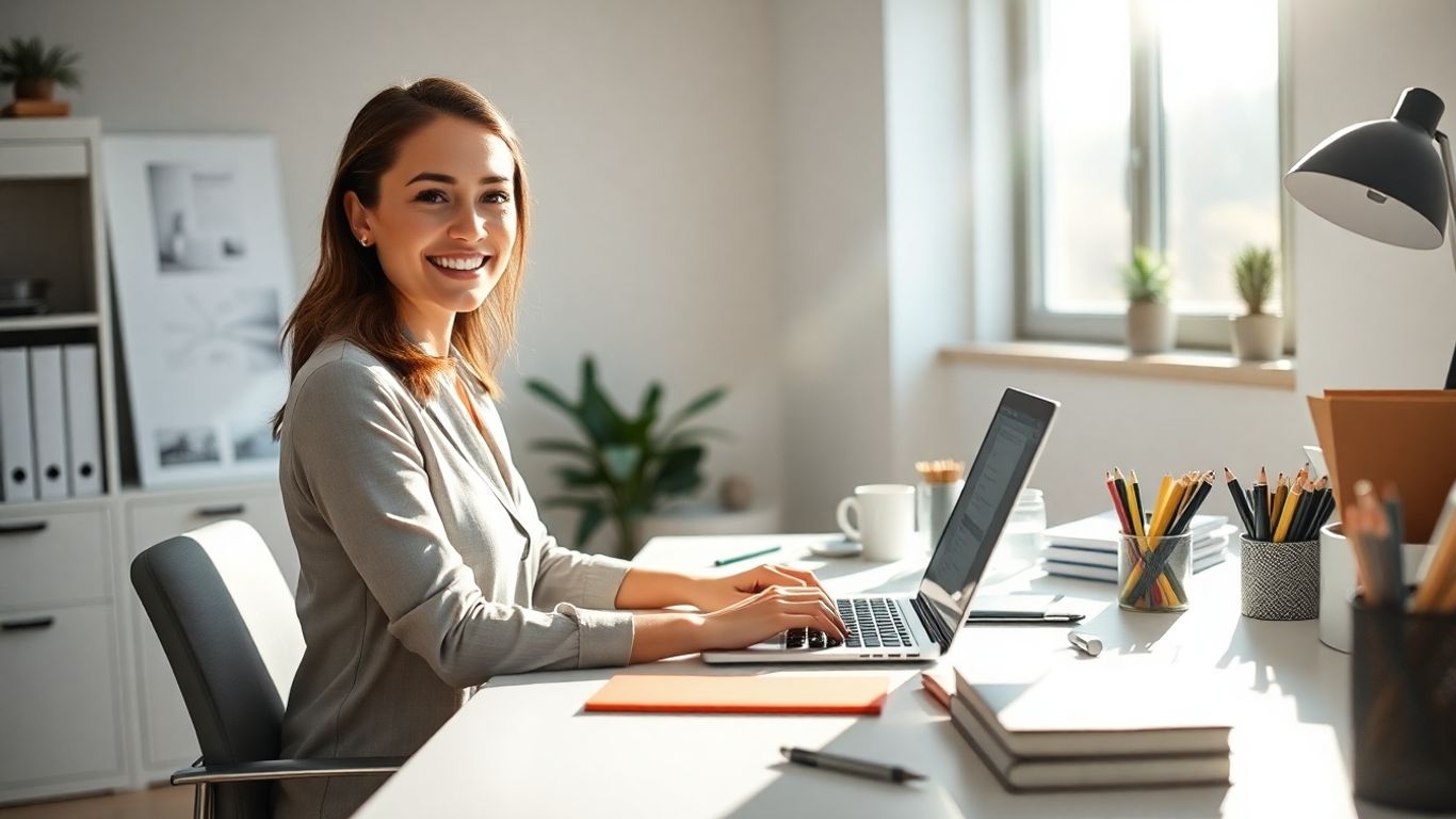 Woman working on laptop at desk