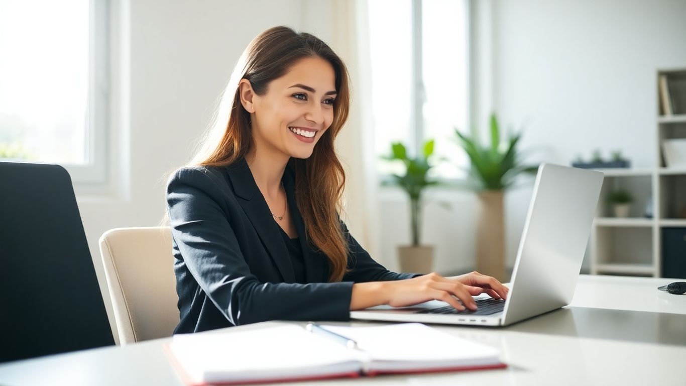 Woman working in home office on laptop