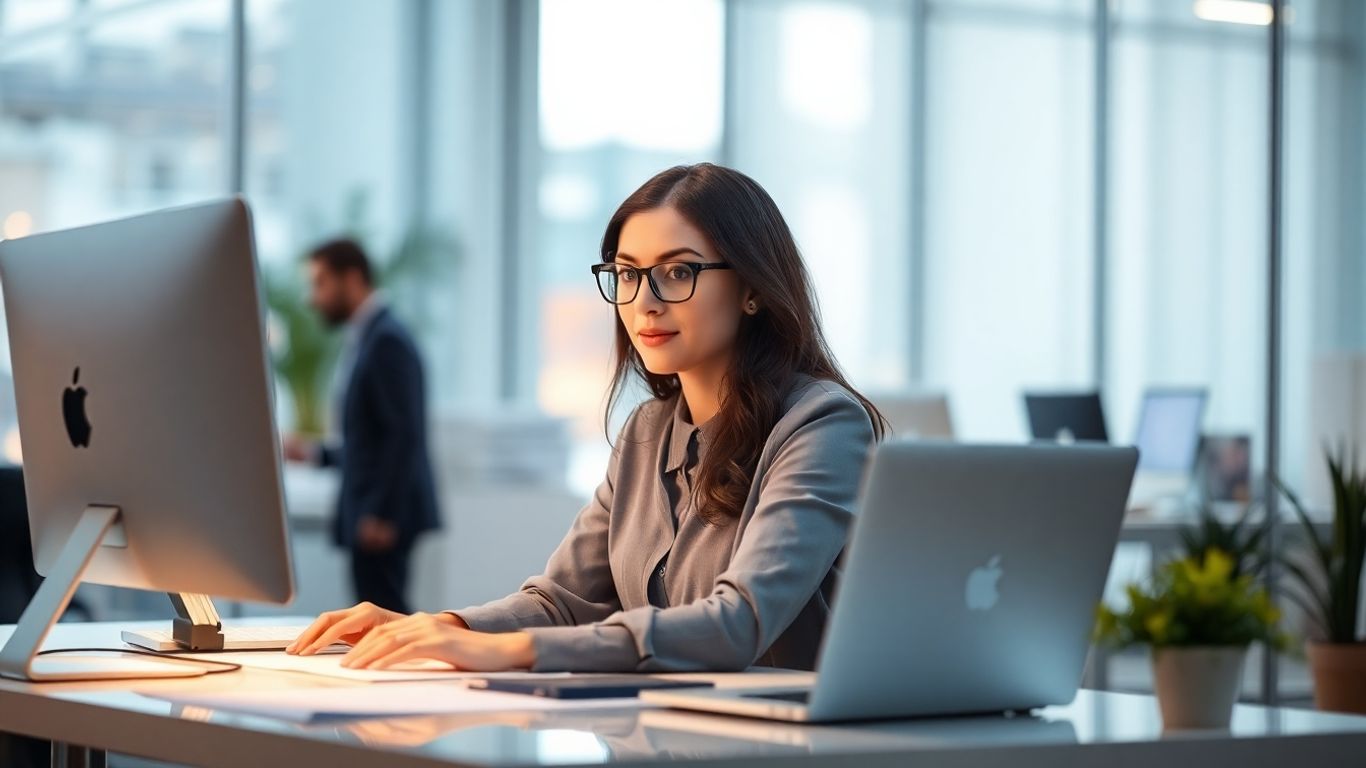 Virtual assistant working efficiently at a desk.