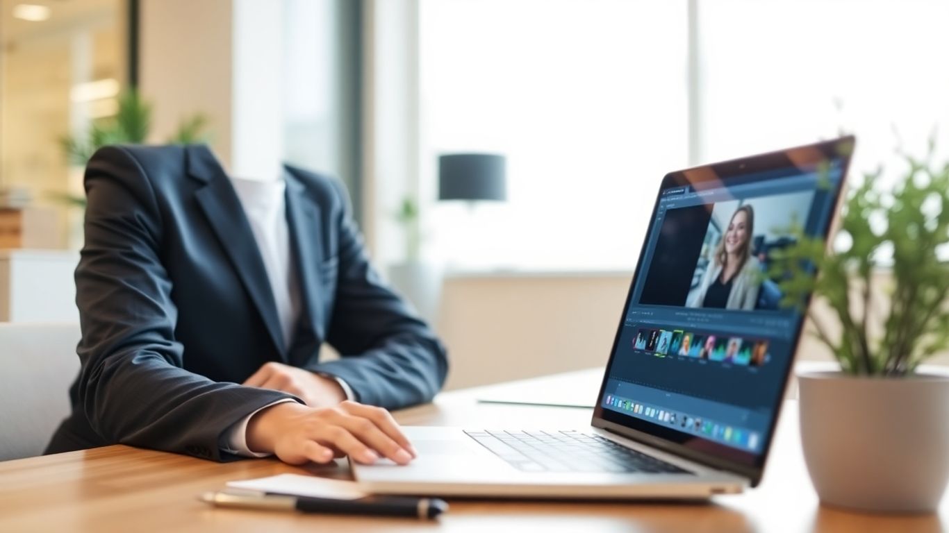 Virtual assistant editing video on laptop