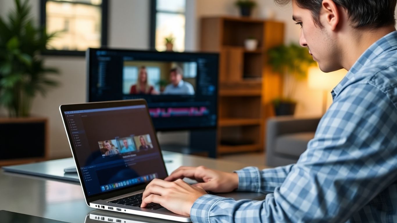 Virtual assistant editing video on laptop