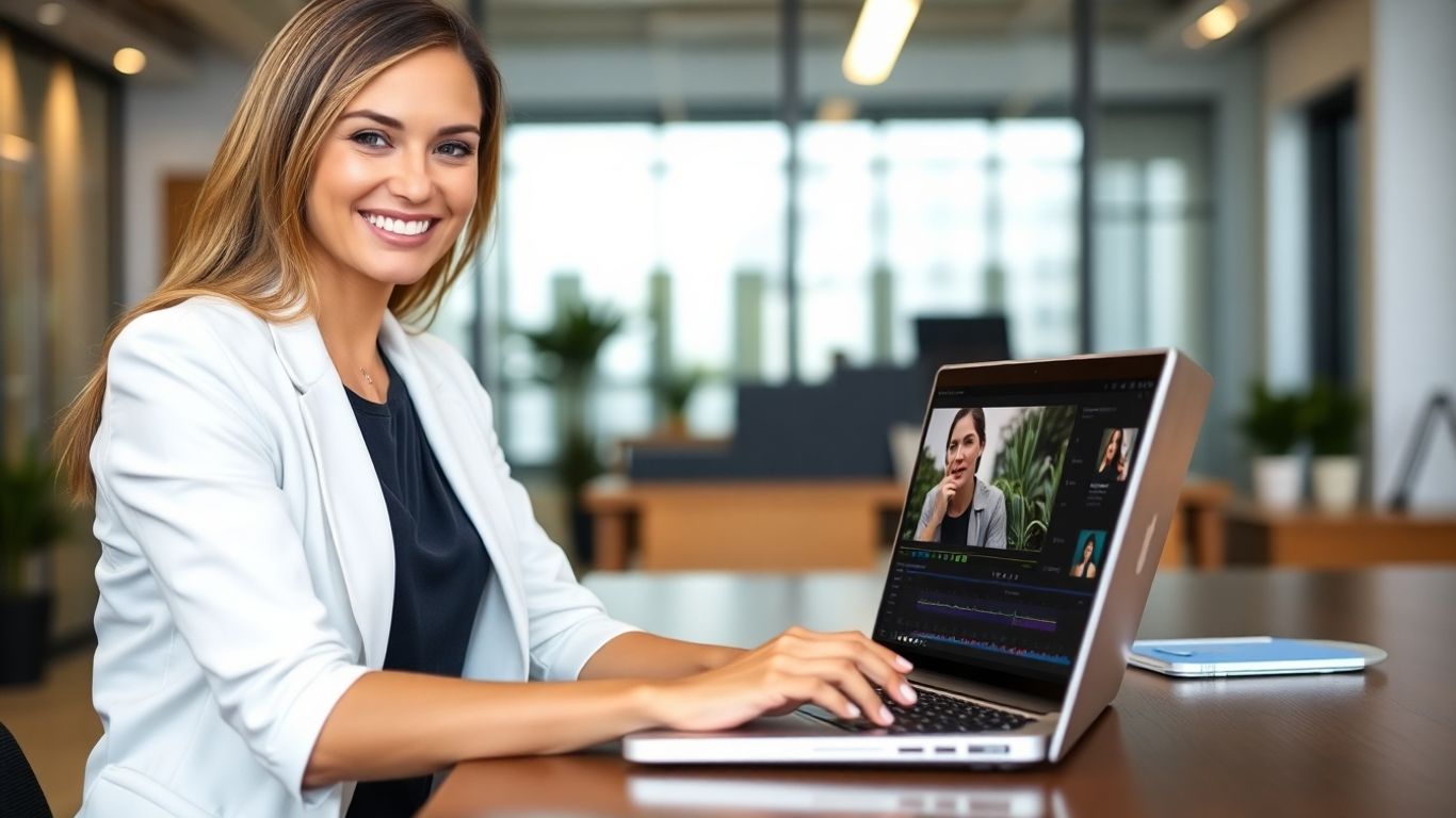 Virtual assistant editing video on laptop