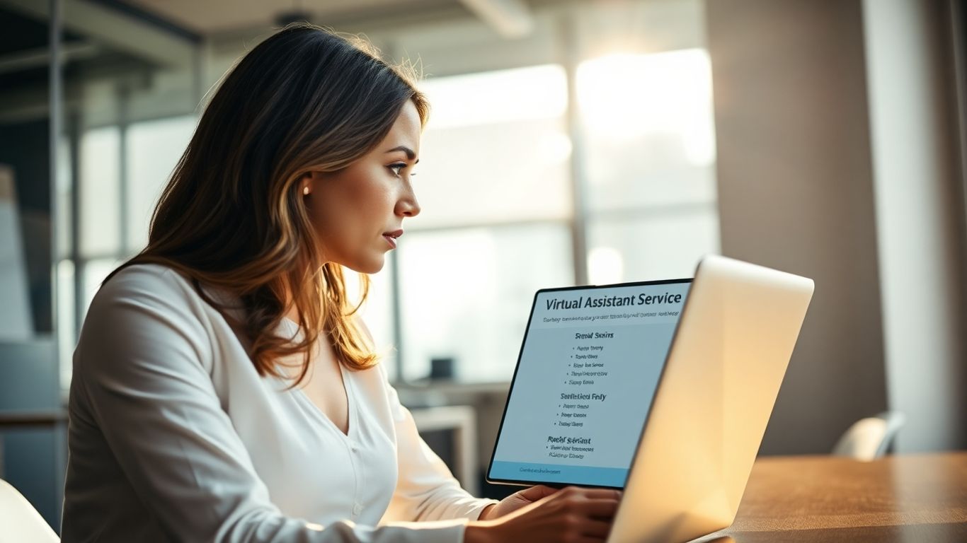 Woman choosing virtual assistant services on a laptop.