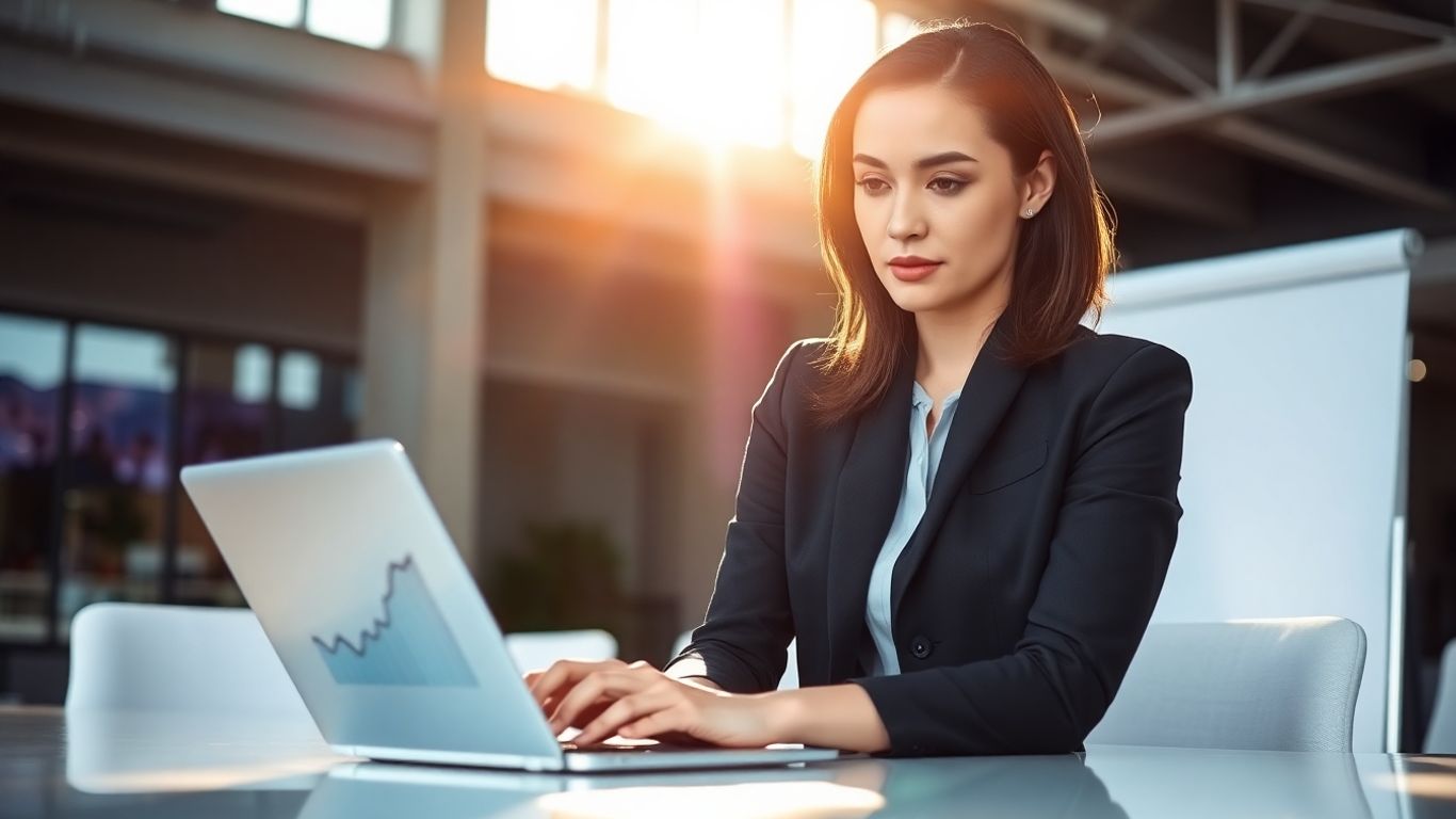 Businesswoman analyzing virtual assistant service data.