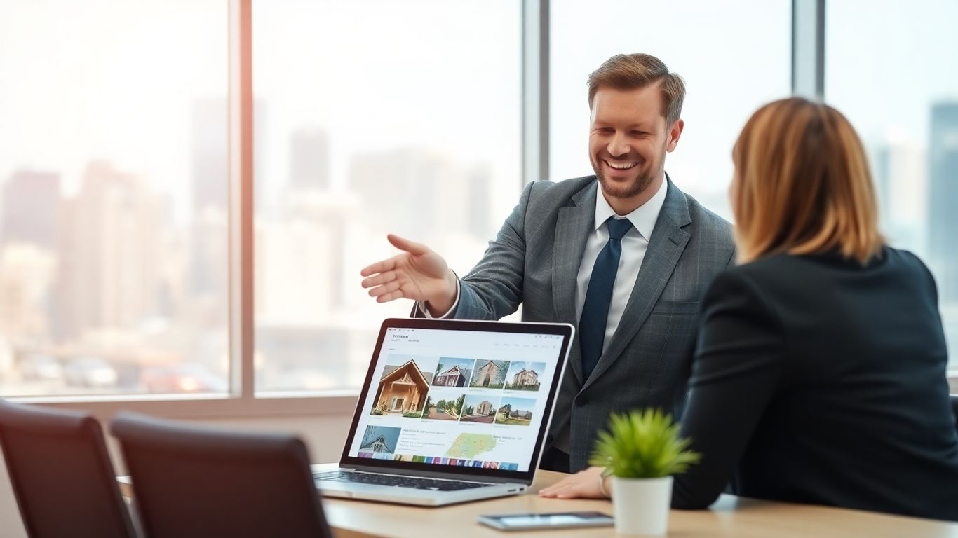 Real estate agent with client discussing properties.