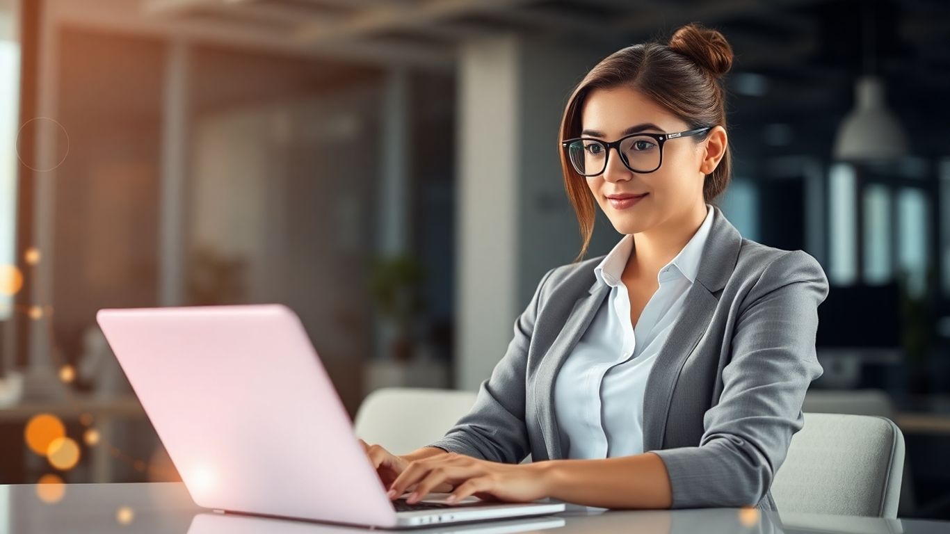 Woman working on laptop, virtual agency