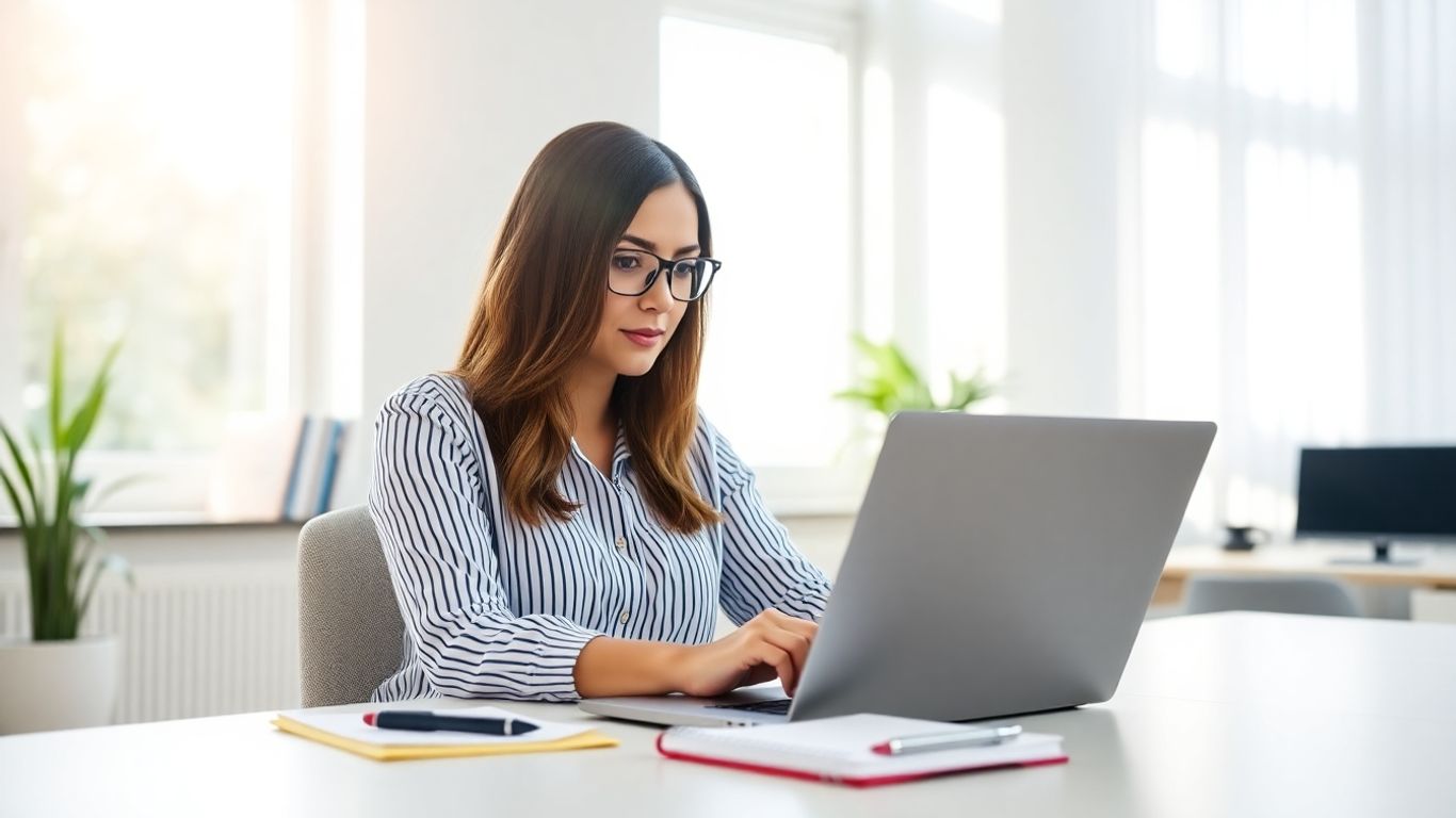 Woman working on laptop in home office