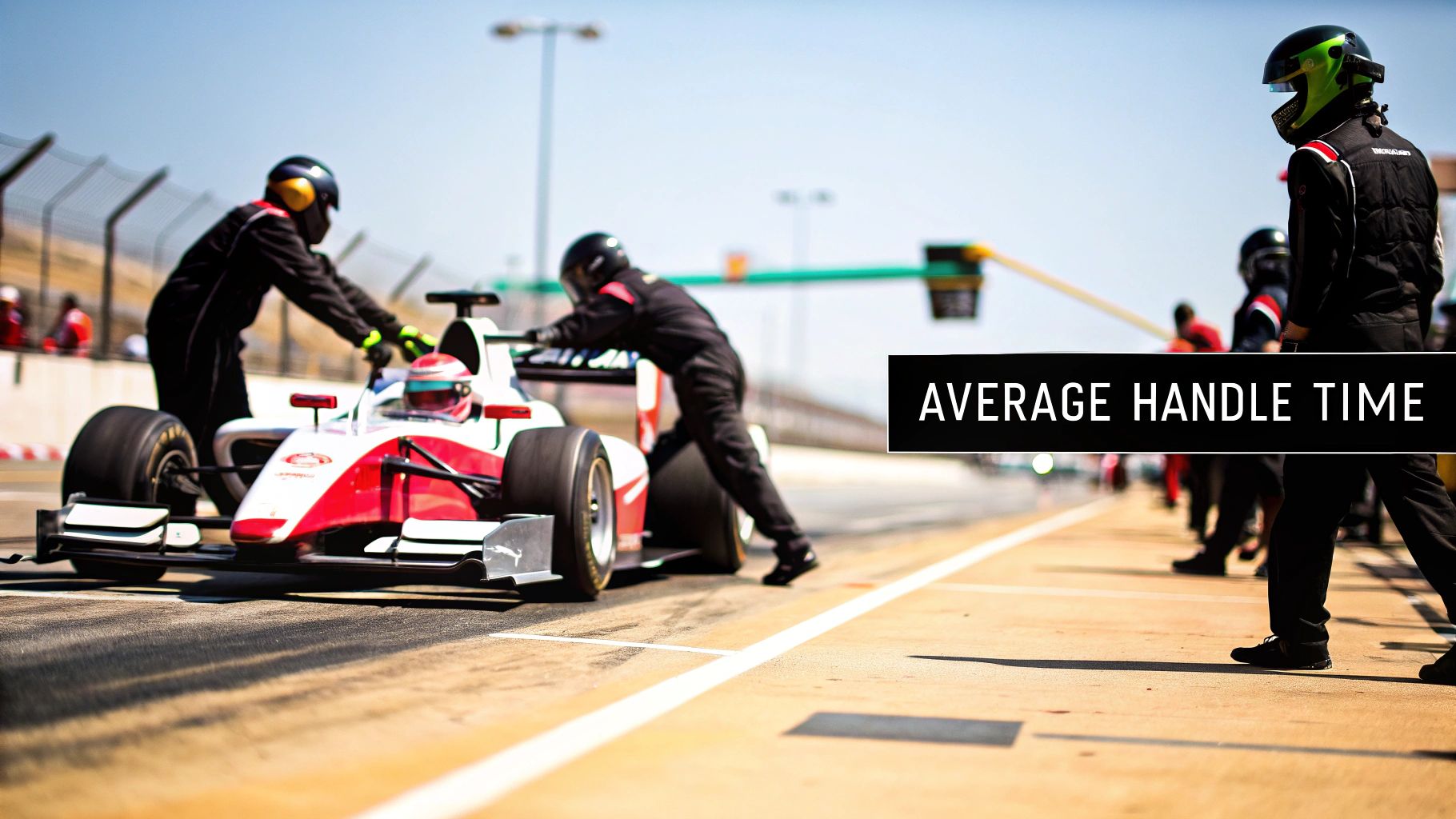 An illustration of call center agents working at their desks, with icons representing talk time, hold time, and after-call work.
