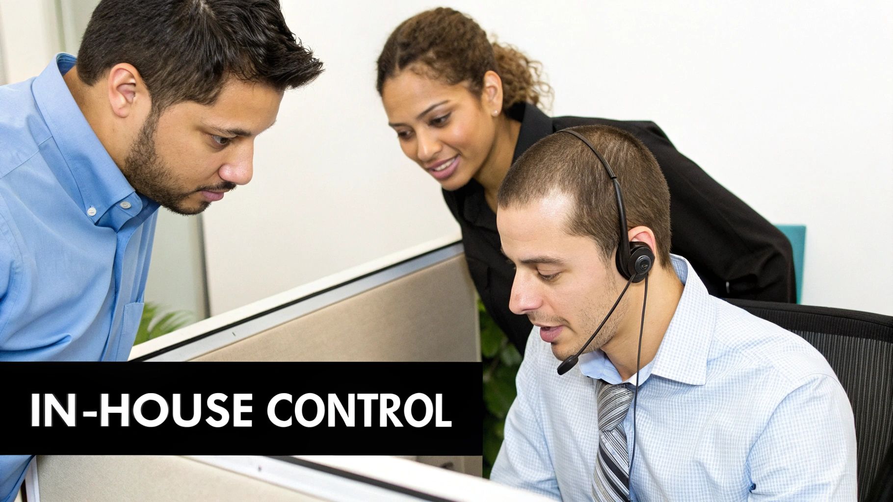 A team of in-house call center agents working collaboratively in a modern office environment.