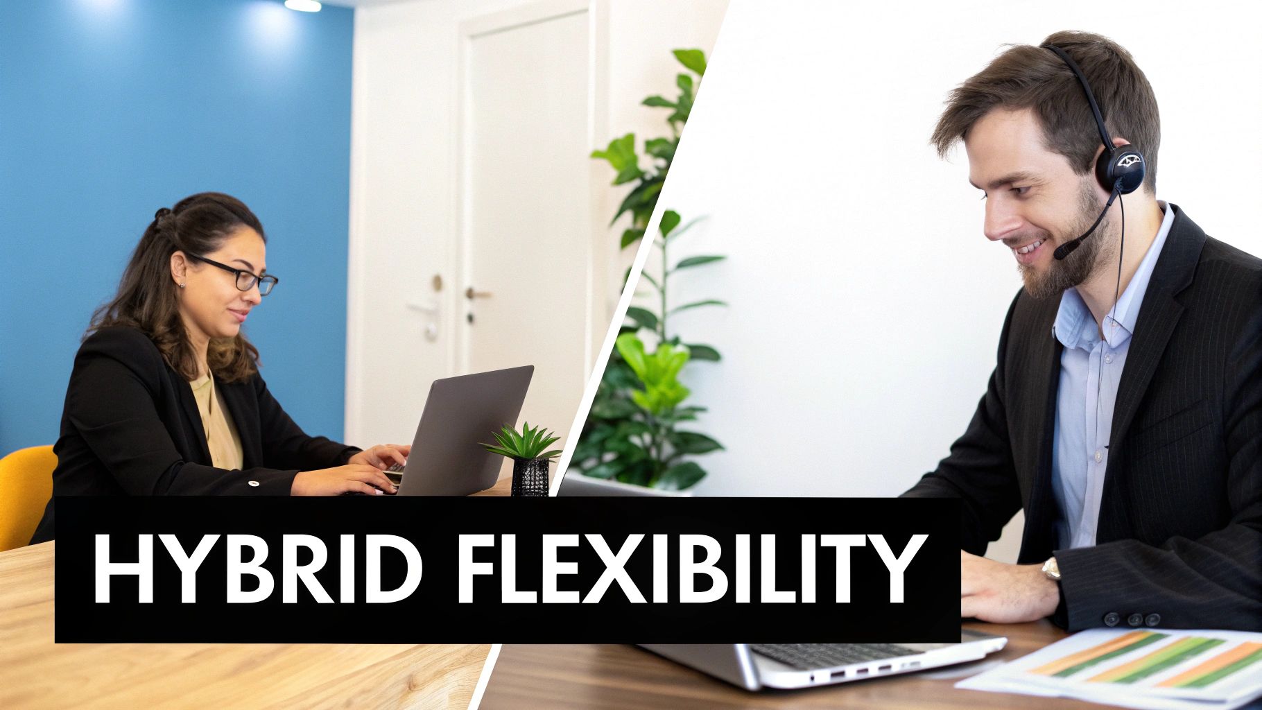 A woman working from her home office, smiling while on a call with a headset.