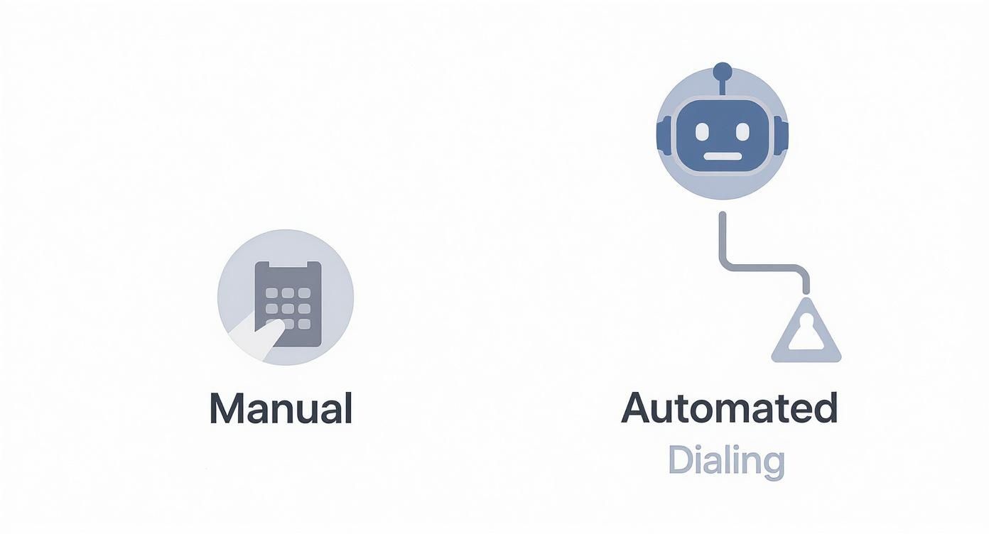 An infographic decision tree comparing manual phone dialing, represented by a hand-dialing icon, to automated dialing, represented by a robot head icon.