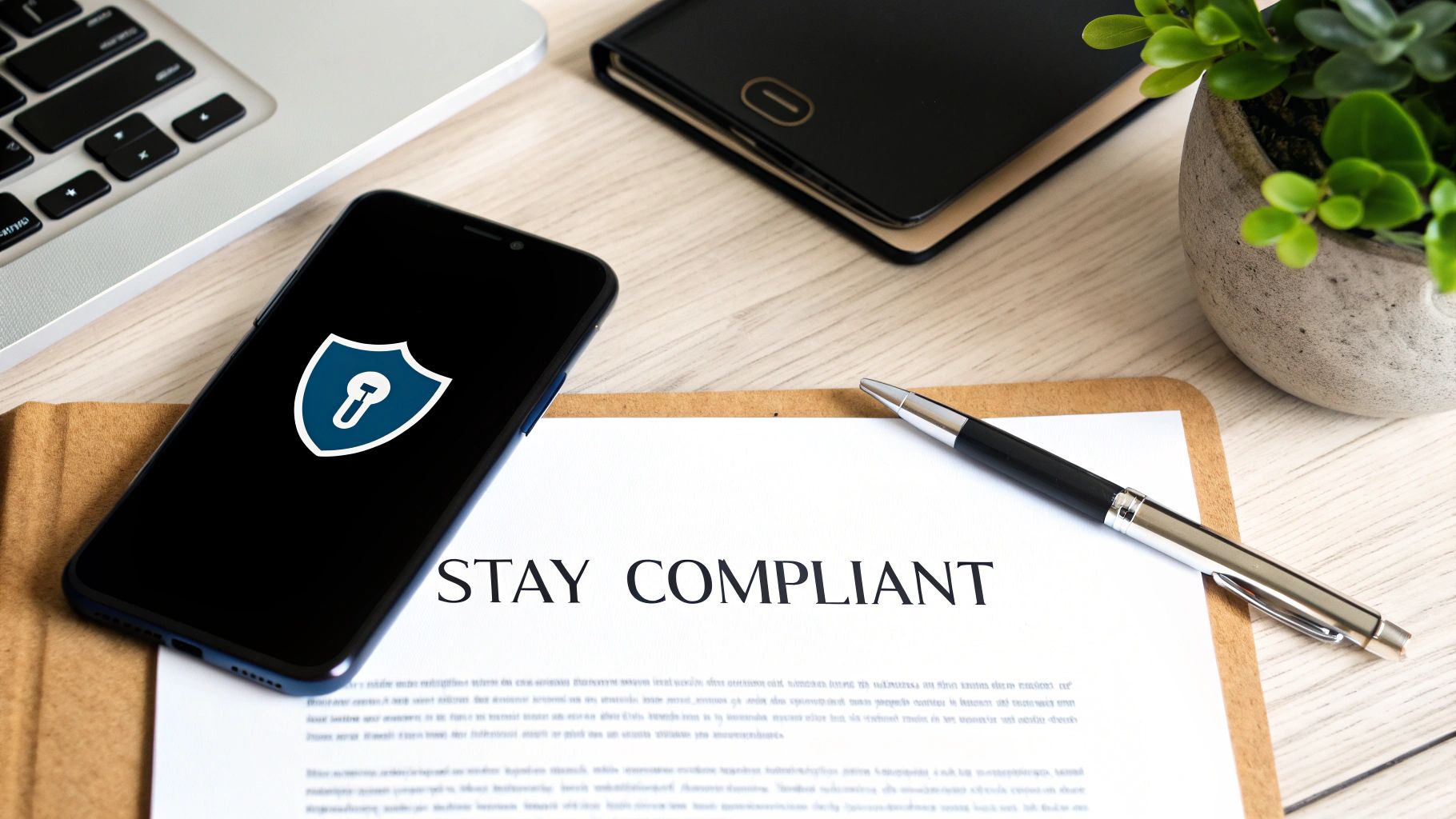 A person sitting at a desk, reviewing documents with a magnifying glass, with charts and legal books in the background, symbolizing compliance and legal review.