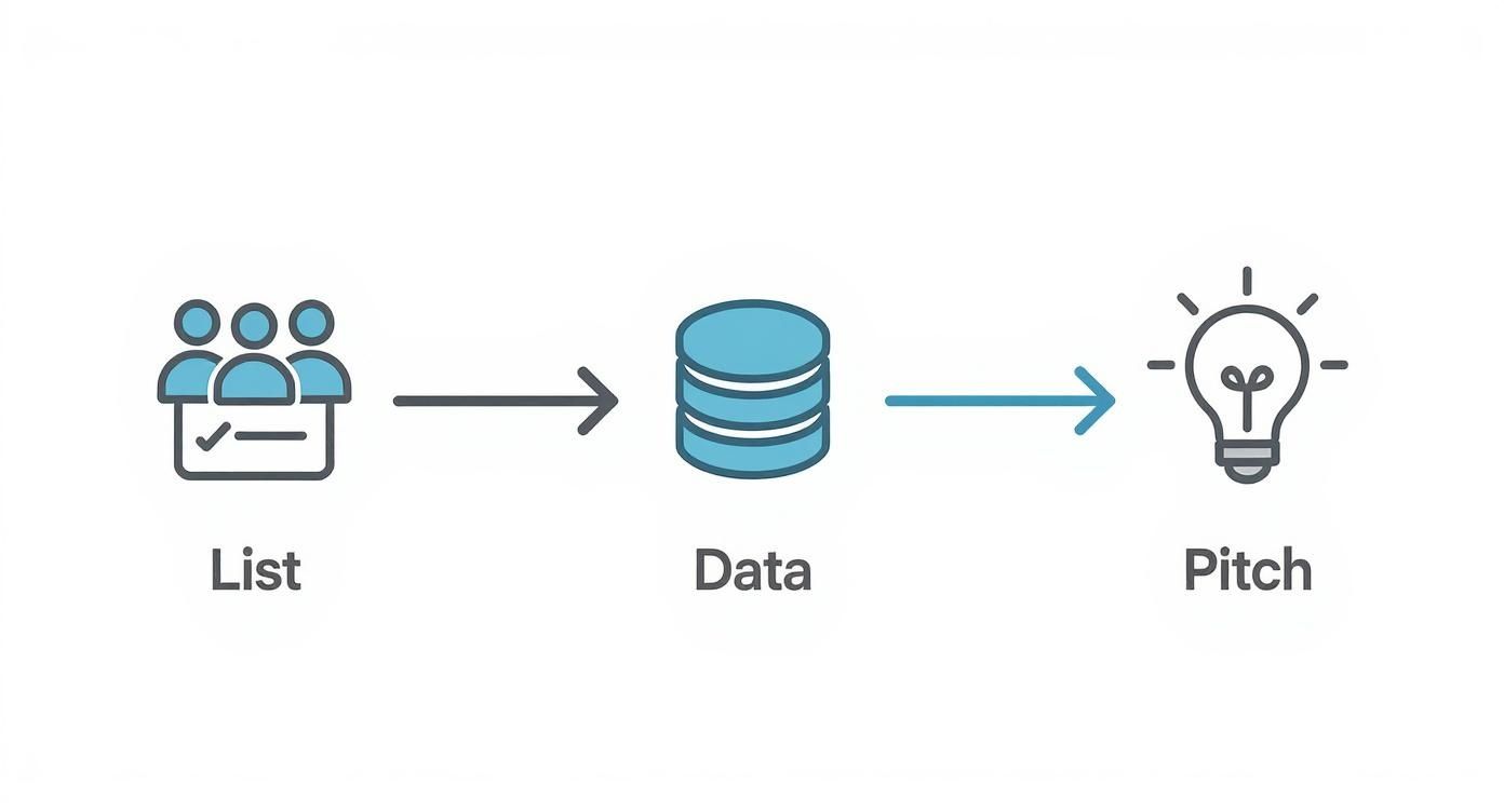 Infographic showing the three core steps of pre-call preparation list building, data verification, and pitch development.