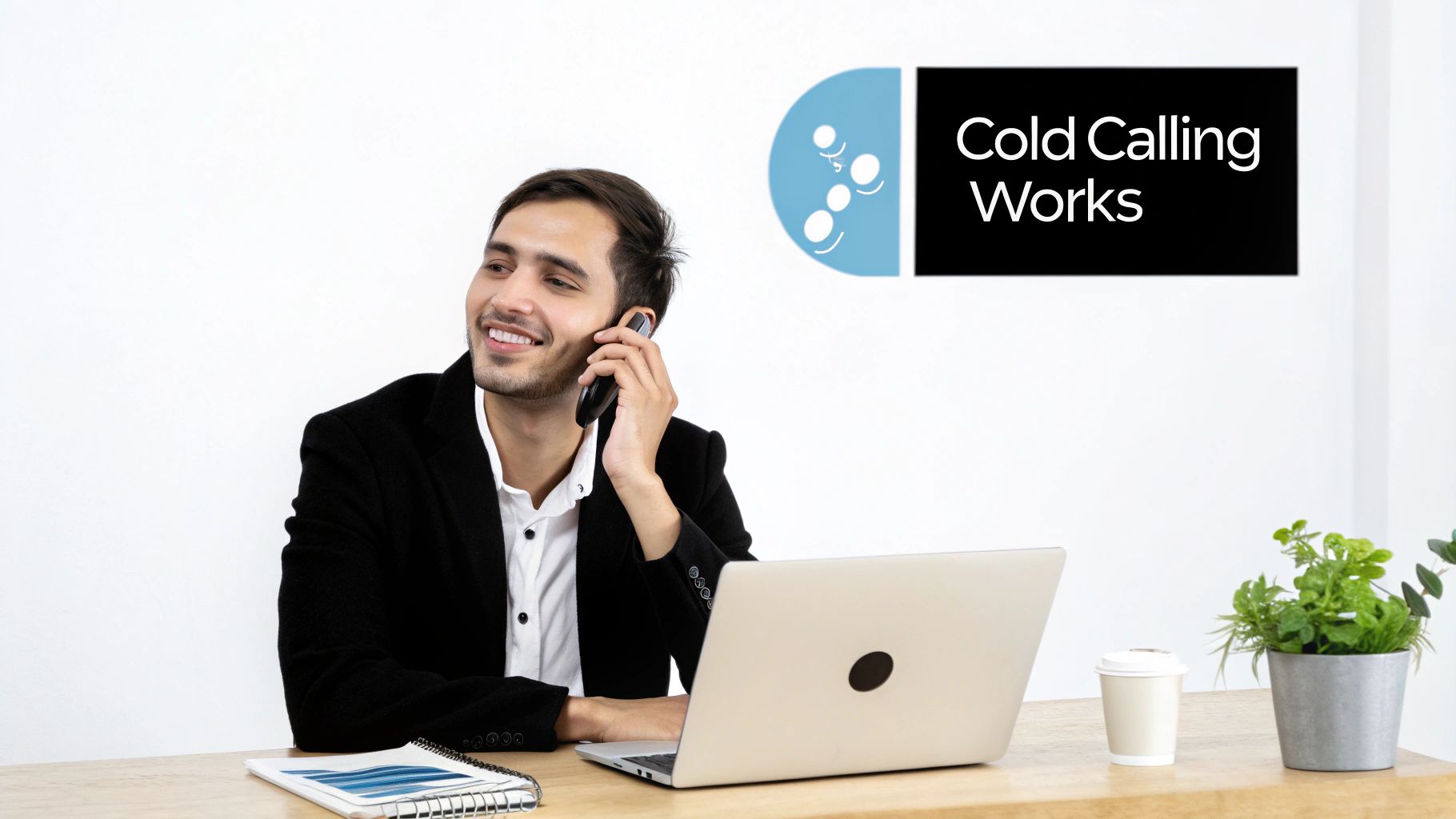 A sales professional smiling while on a headset, illustrating a successful cold call.