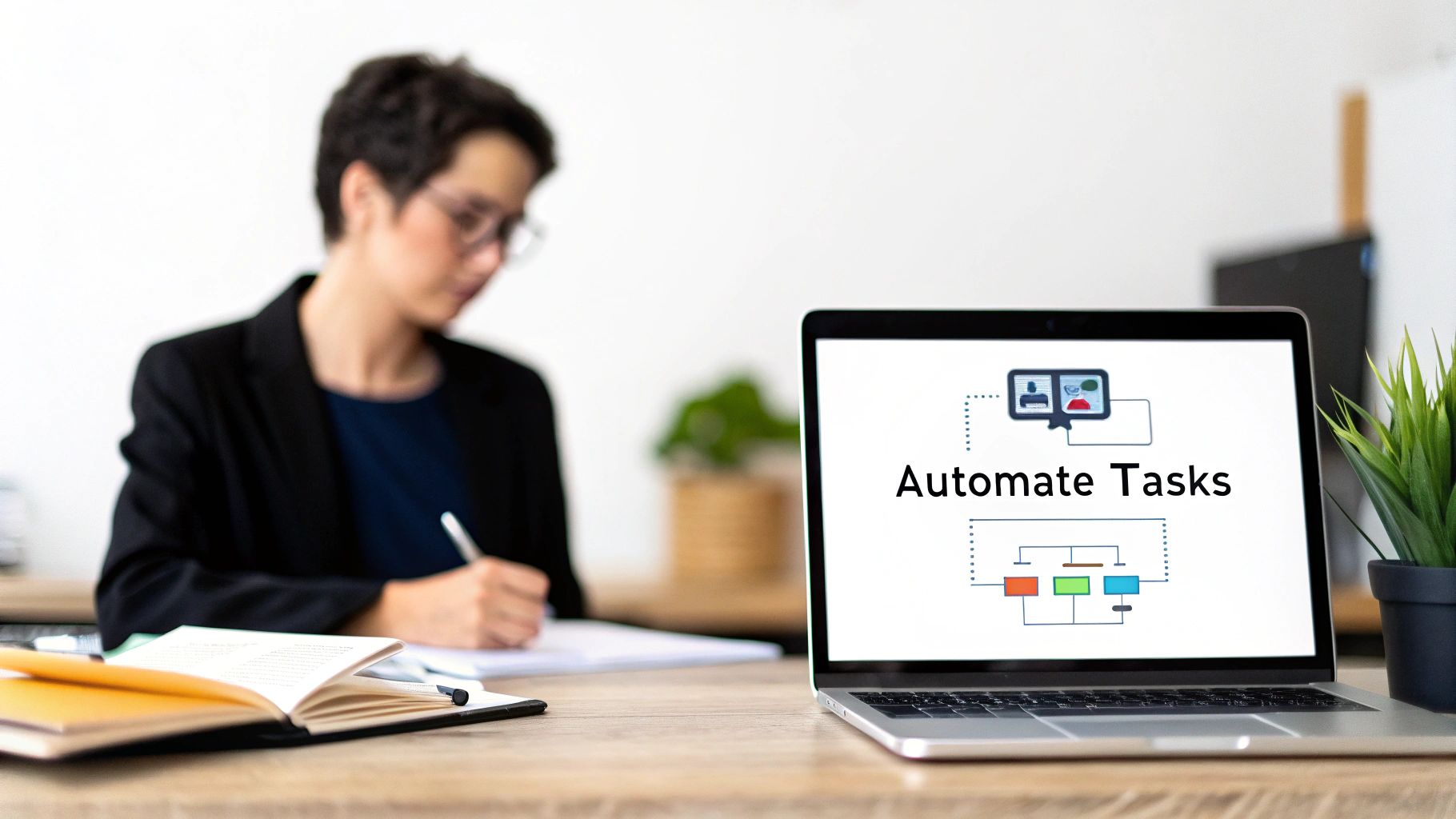 A team collaborating around a desk with laptops and documents, illustrating business workflow.