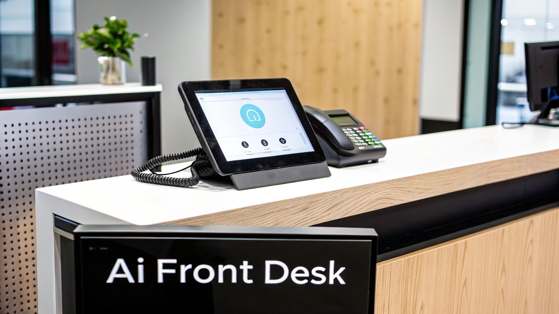 An AI receptionist answering calls on a tablet, with icons for calendars, texts, and CRM floating around it.