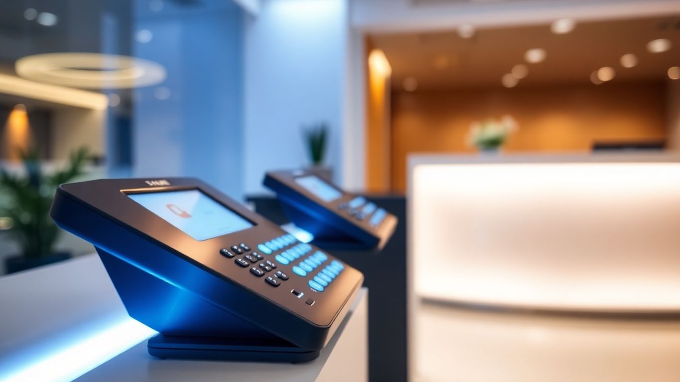Phone system console in a modern office setting.
