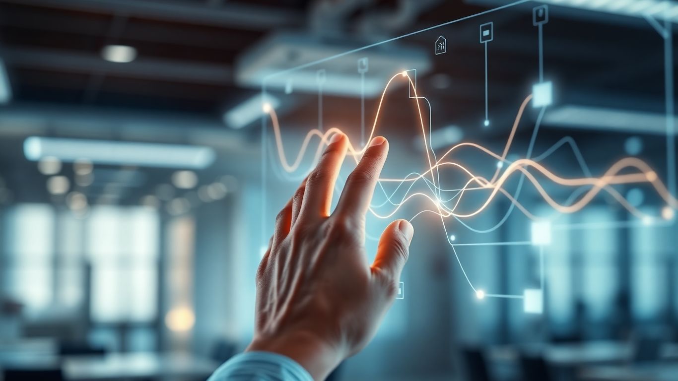 Hand interacting with a futuristic phone system interface.