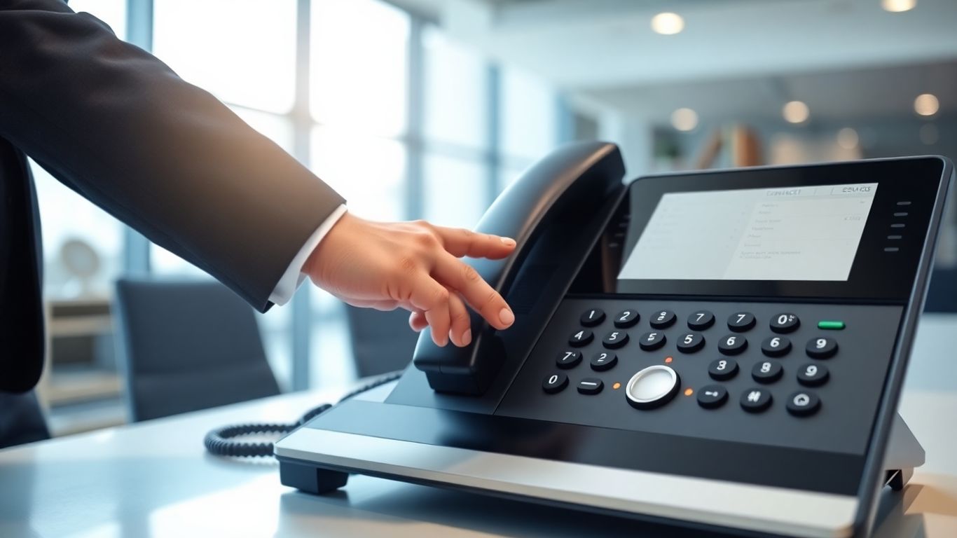 Business person interacting with an auto attendant phone system.