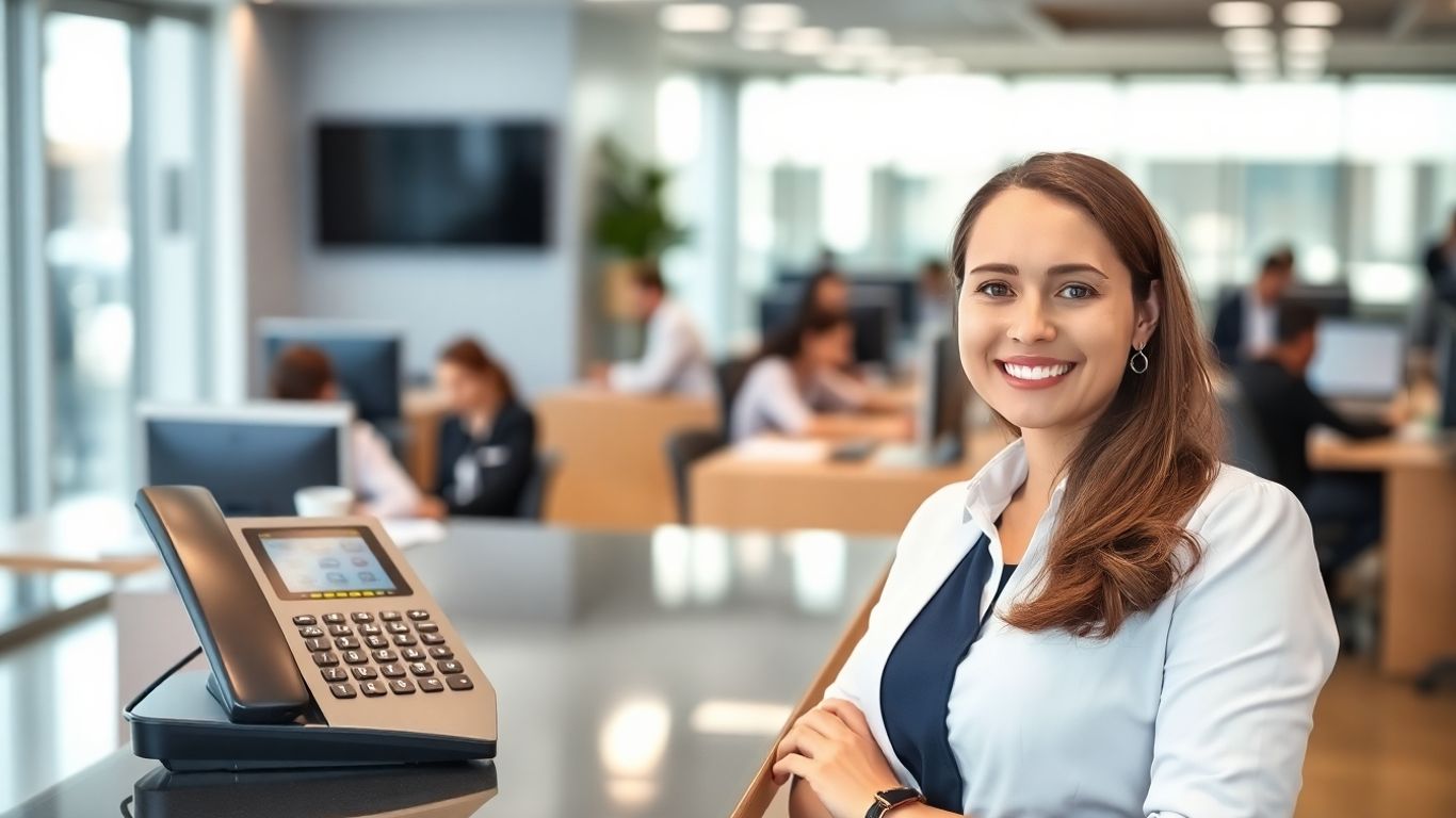 Business phone system with receptionist and office background.