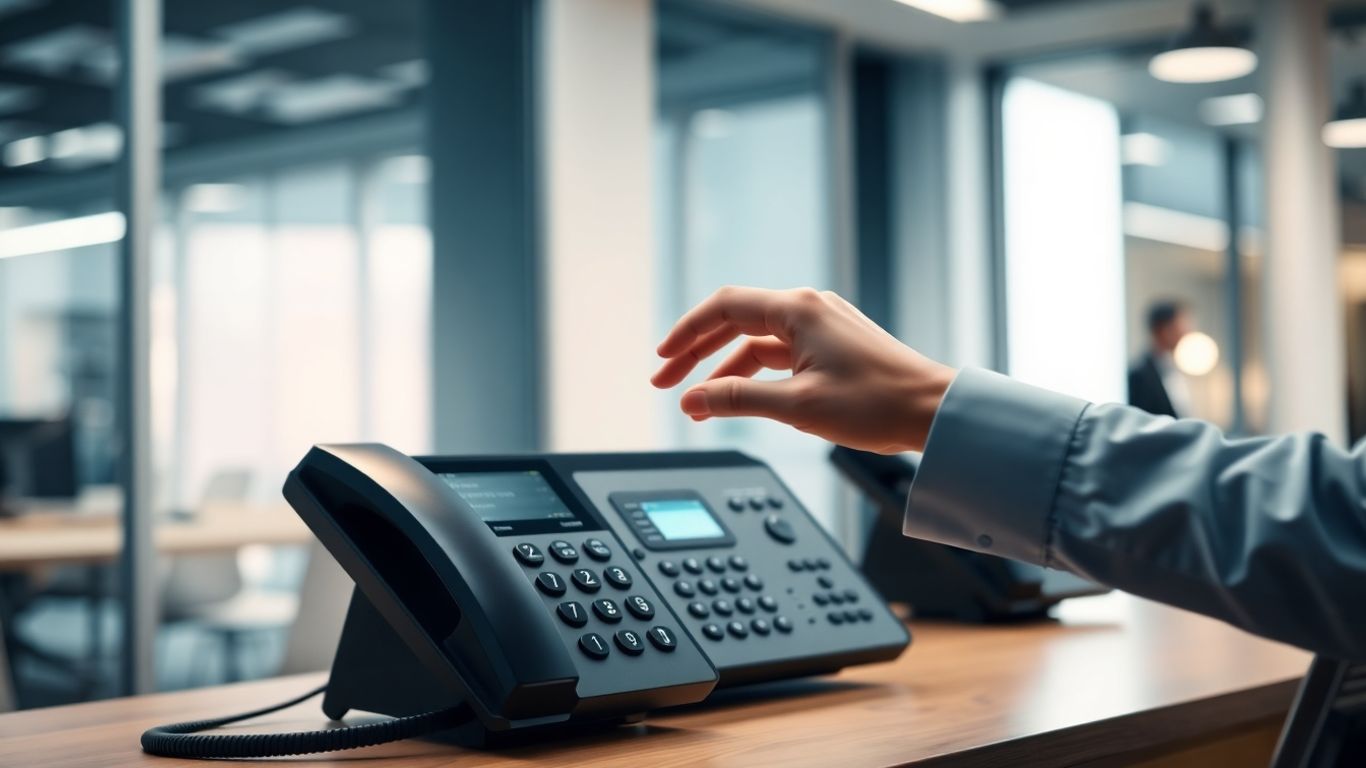 Modern phone system console with a hand interacting.