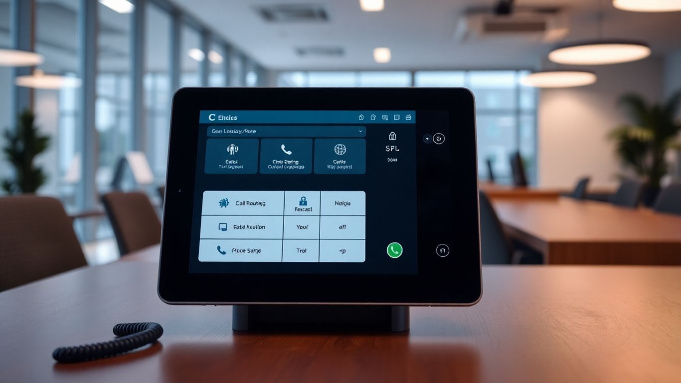 8x8 phone system interface on a tablet in an office.