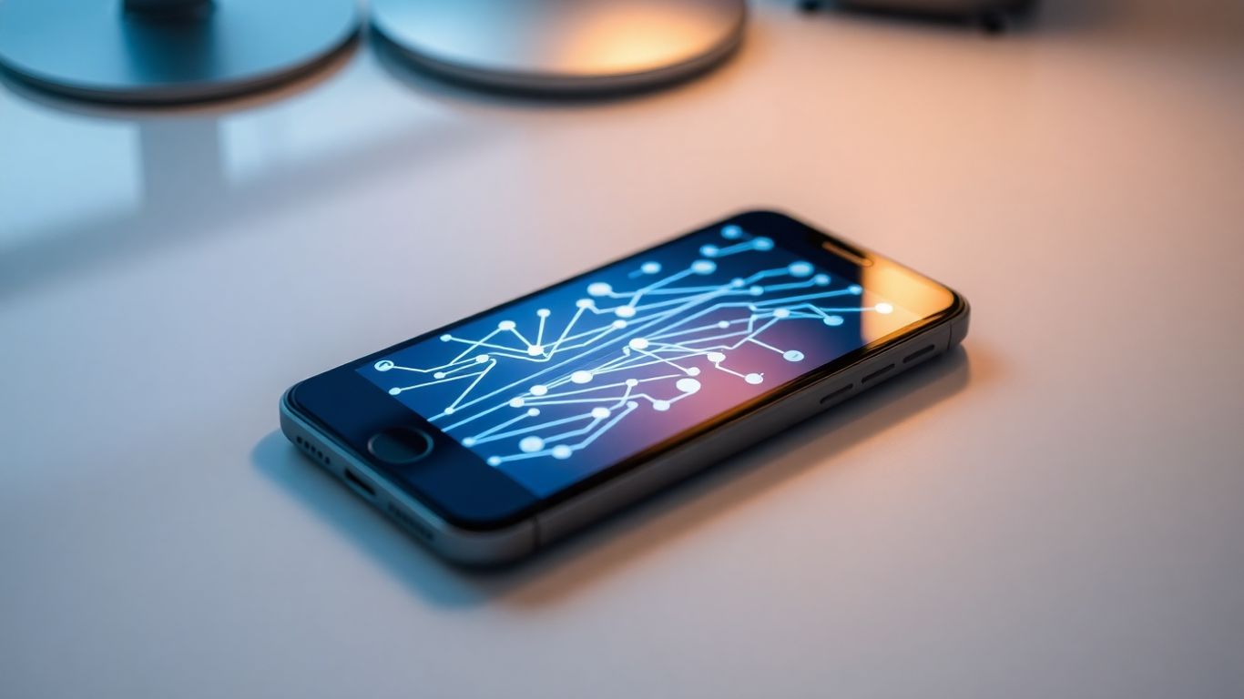 Smartphone with business communication lines on screen.