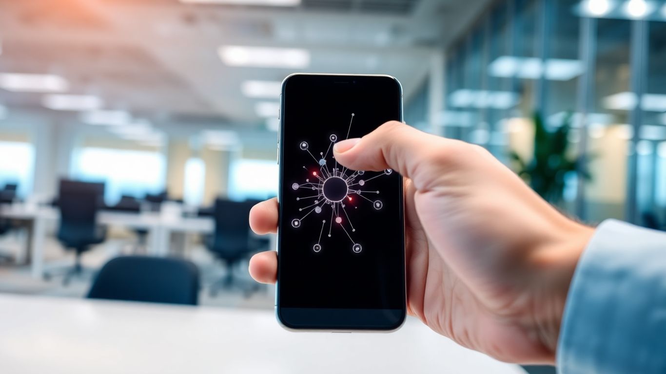 Smartphone with digital connections in an office.