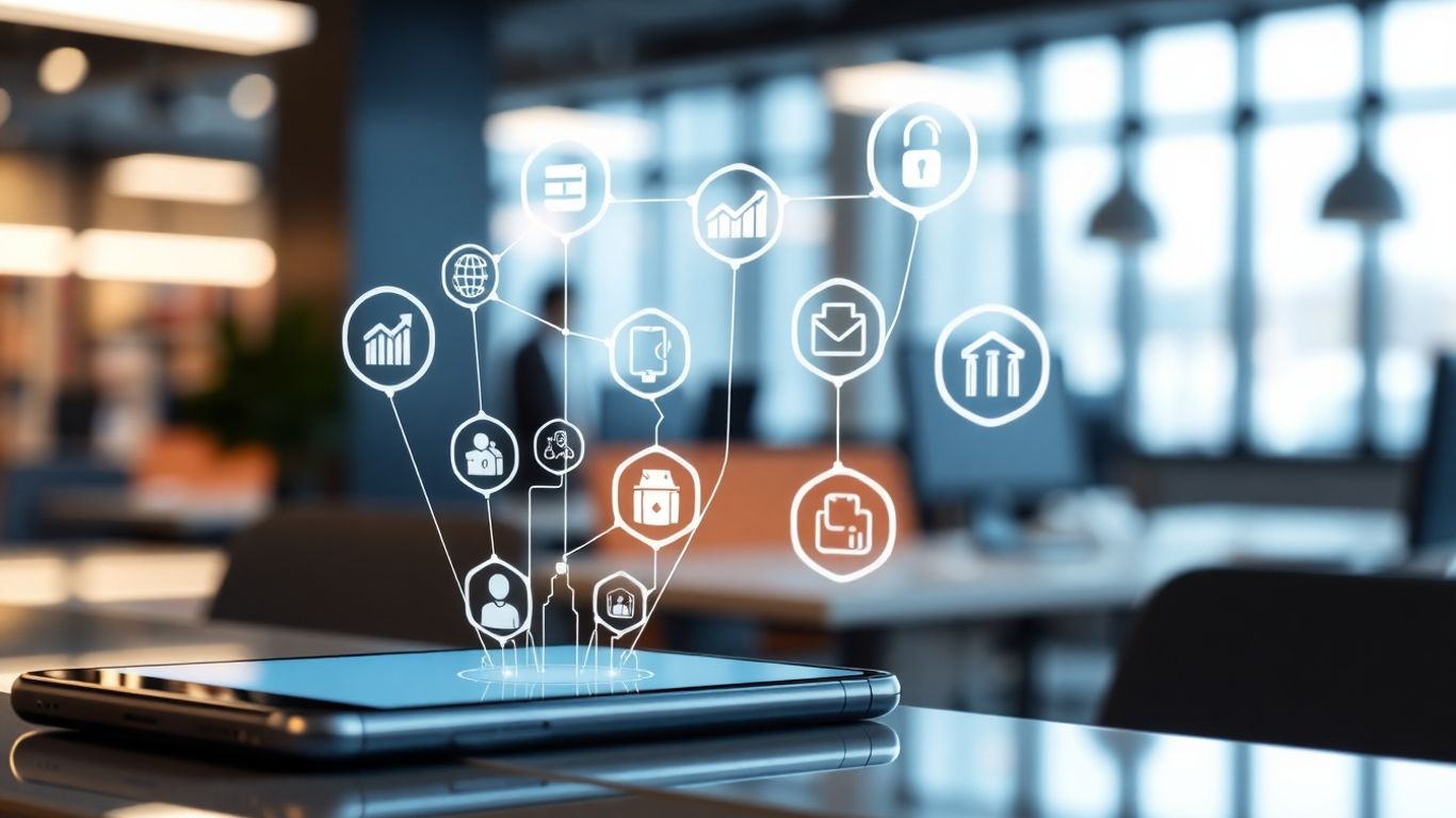 Smartphone with business icons and connecting lines.