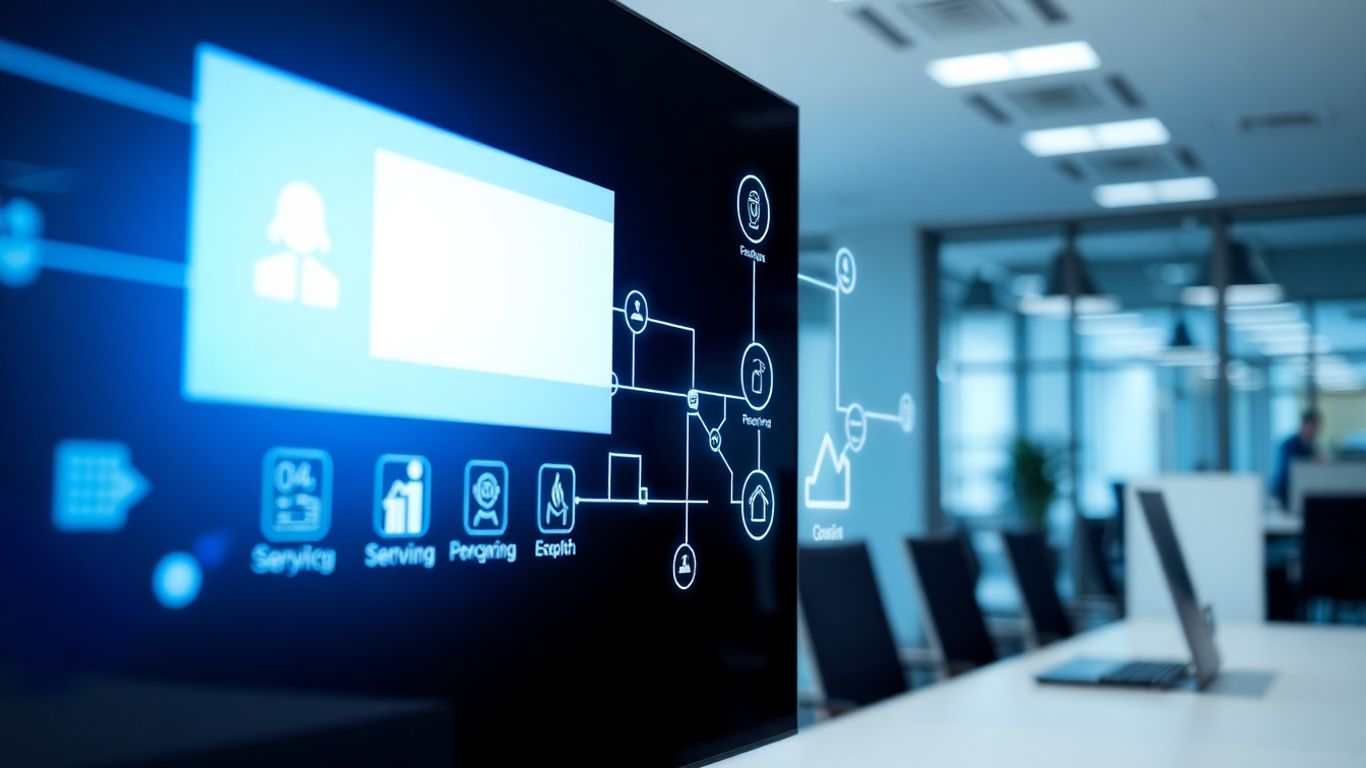 Modern phone system interface with connecting communication icons.