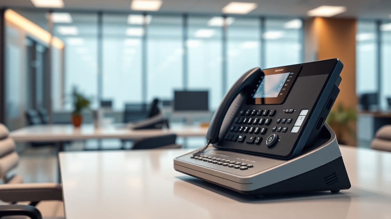 Modern auto attendant phone system in an office.