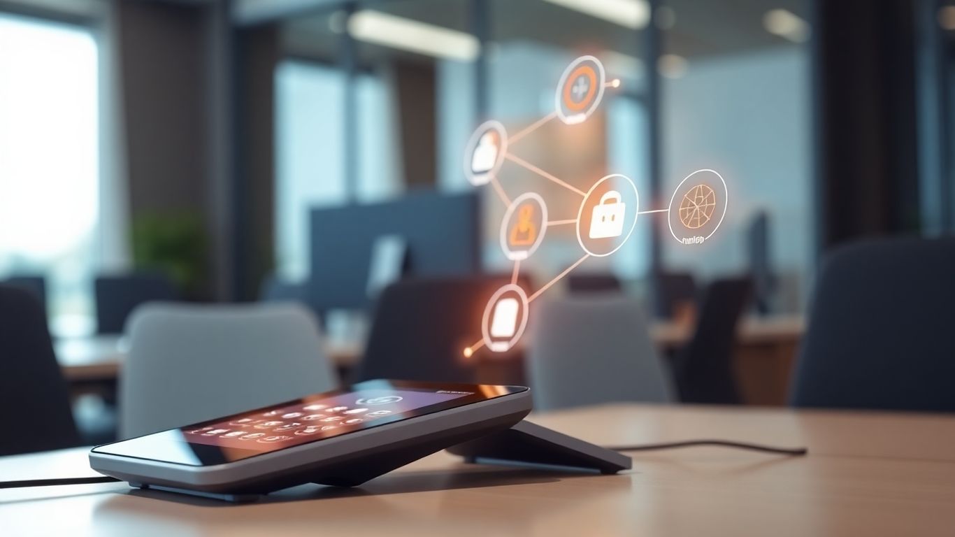 Modern auto attendant phone system interface on a desk.