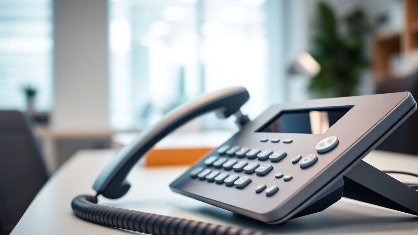 Modern desk phone in a professional office setting.