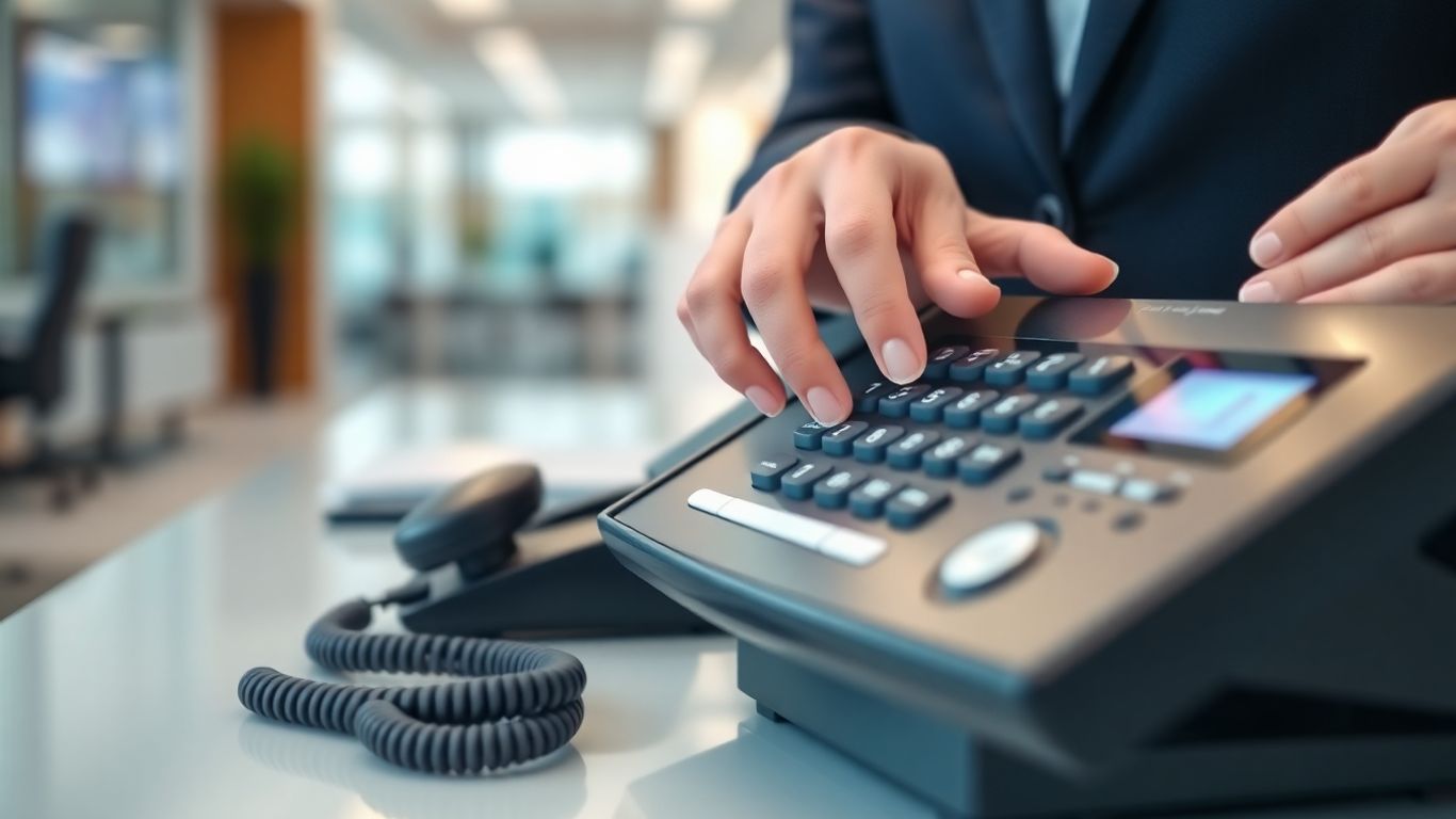 Business person using an auto attendant phone system.