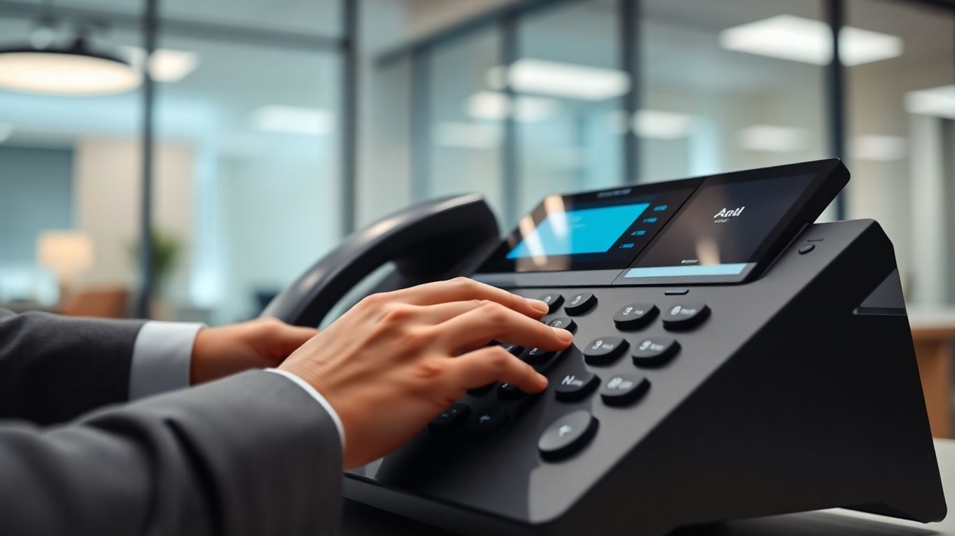 Modern phone system console with hands managing calls.