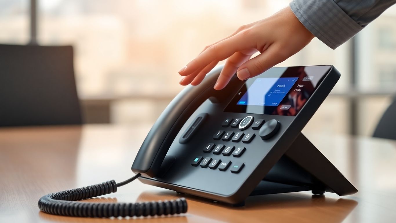Business phone system with hand reaching for receiver.