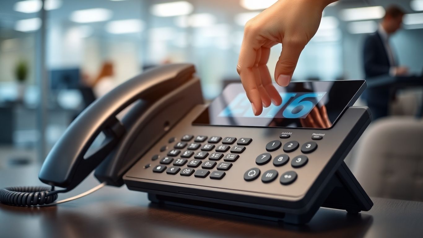 Business phone system with hand reaching for receiver.