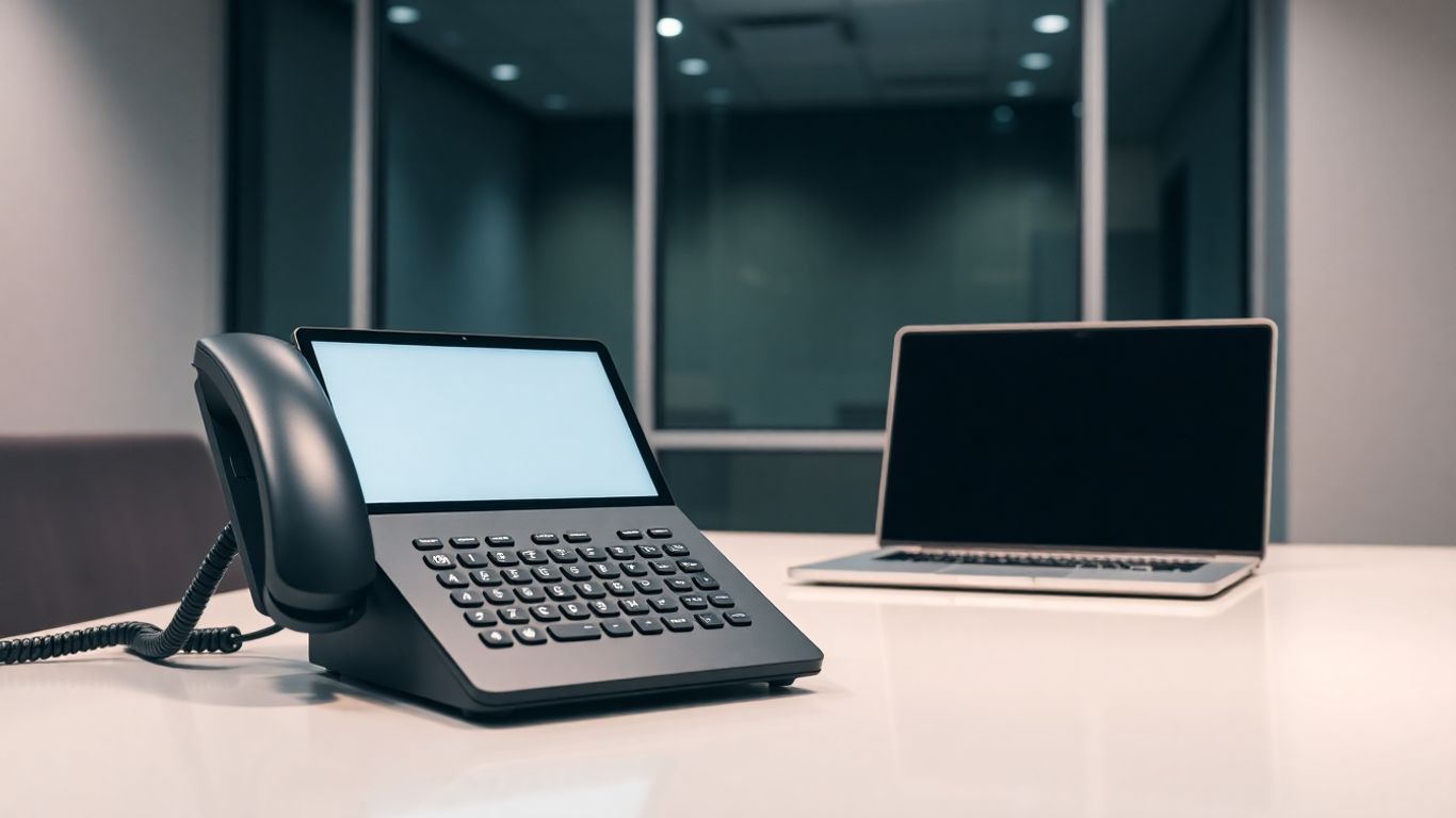 Nextiva business phone system on a desk.