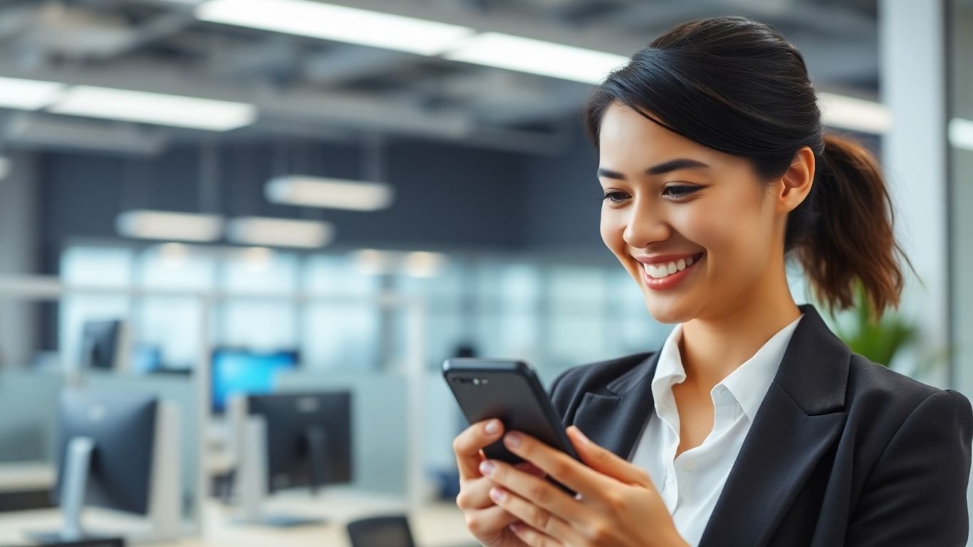 Person using a smartphone with a digital interface.