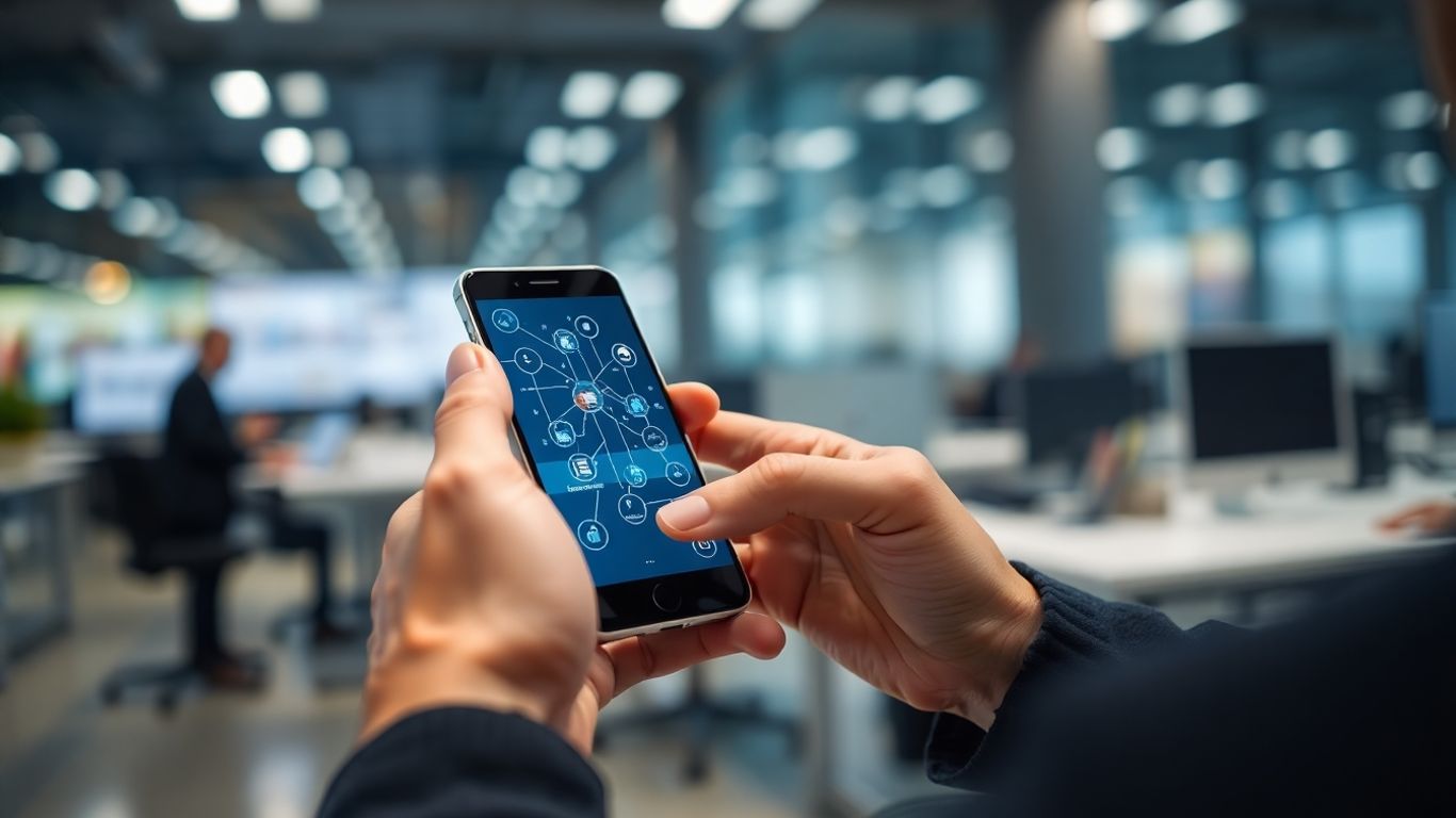 Smartphone displaying automated attendant interface in office