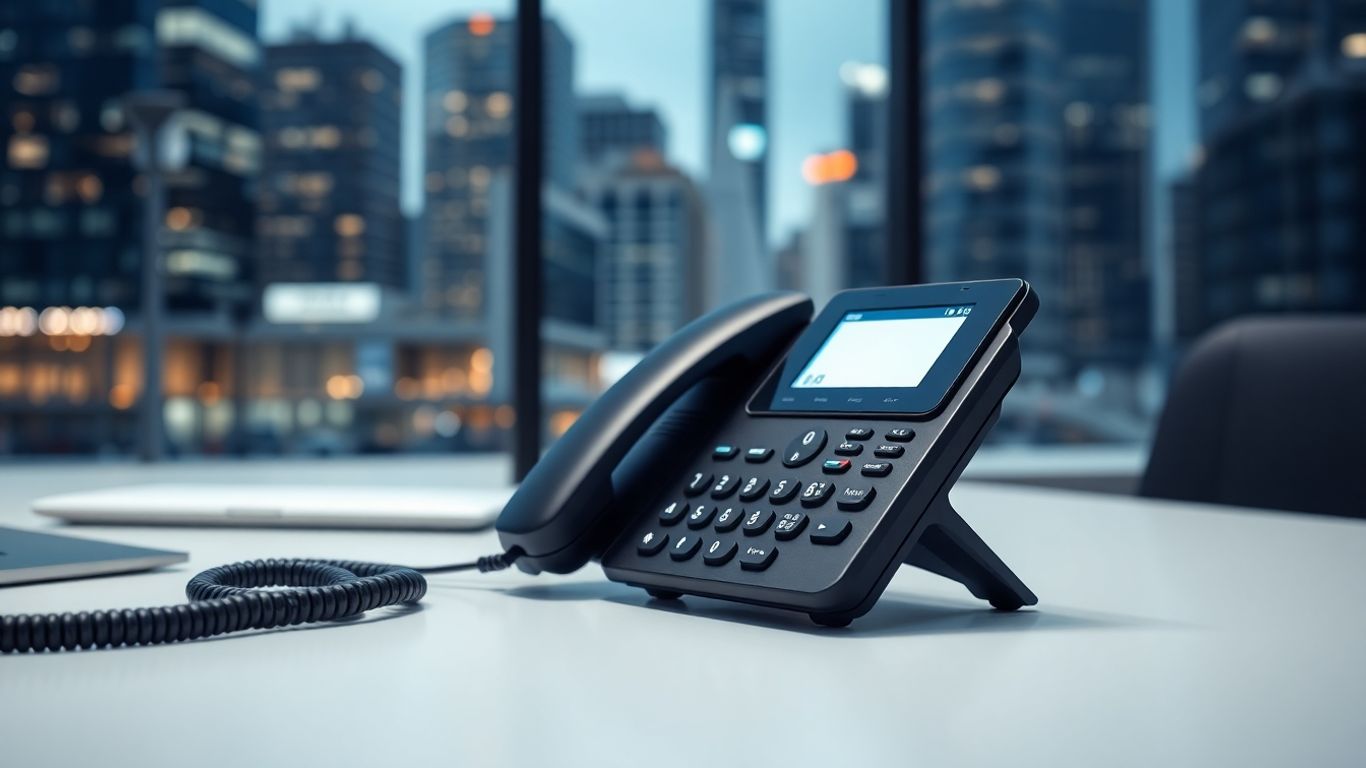 Modern phone system on a desk with city background.