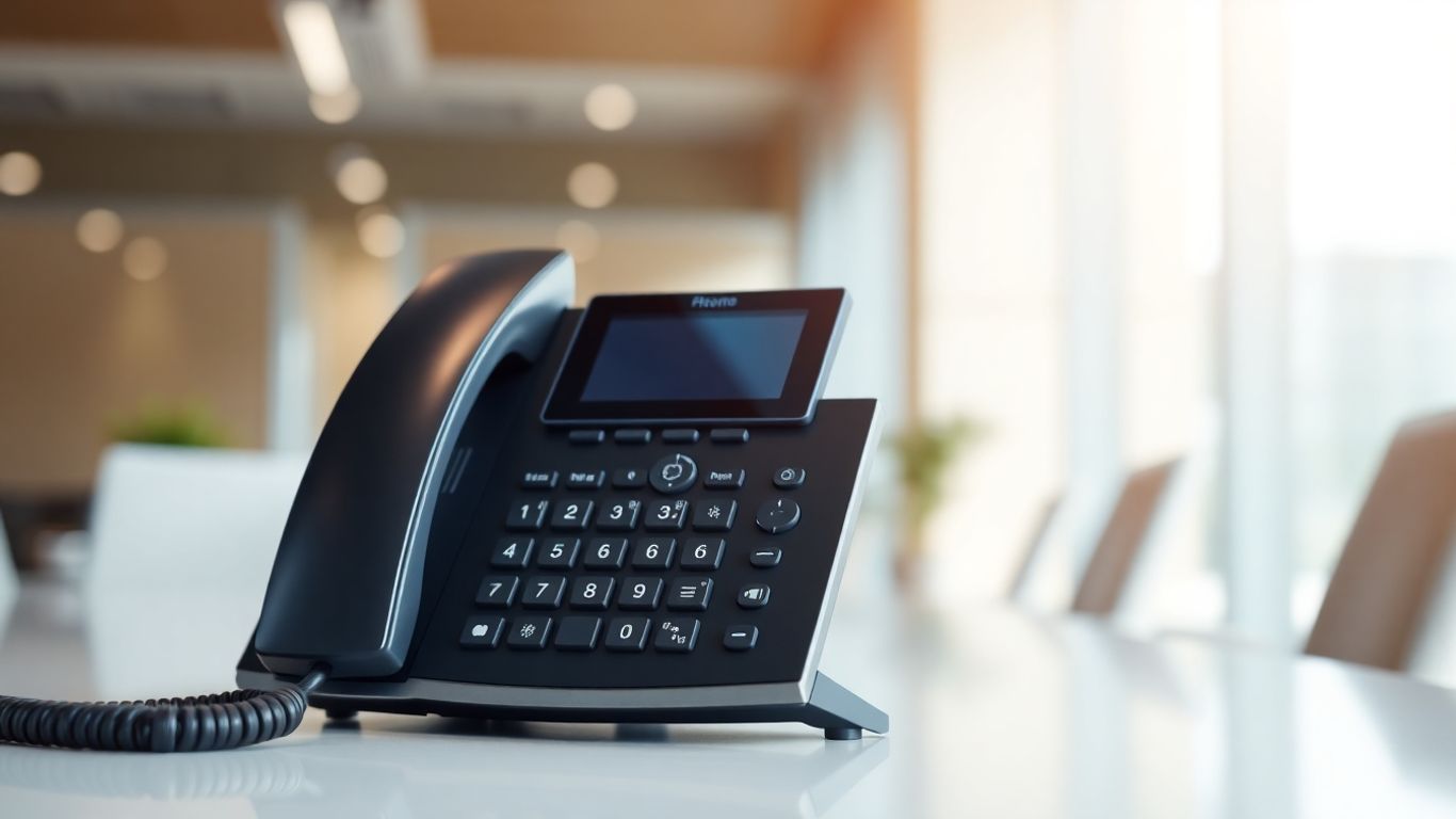 Modern desk phone in a business office setting.