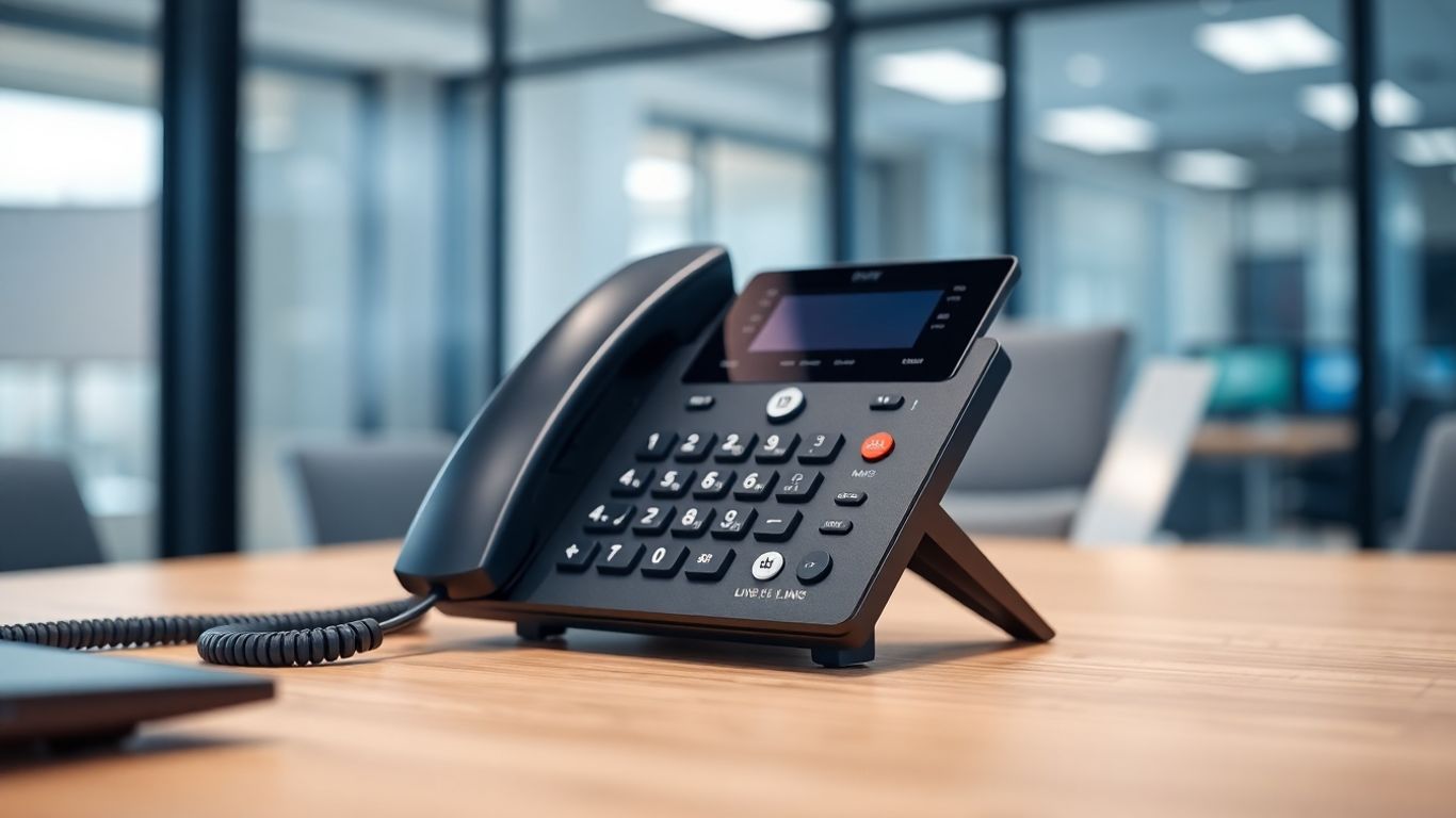 Nextiva two-line business phone on a modern office desk.
