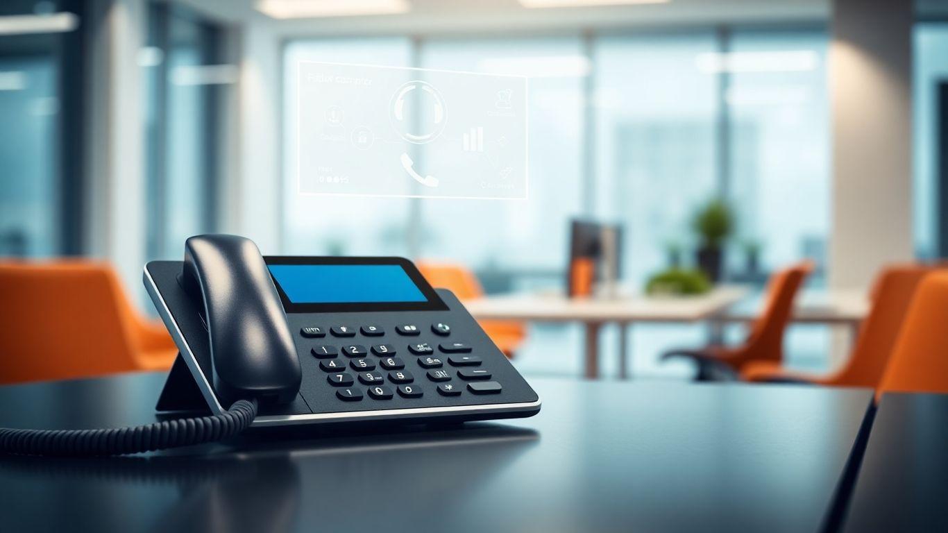 Business phone with digital call management interface.