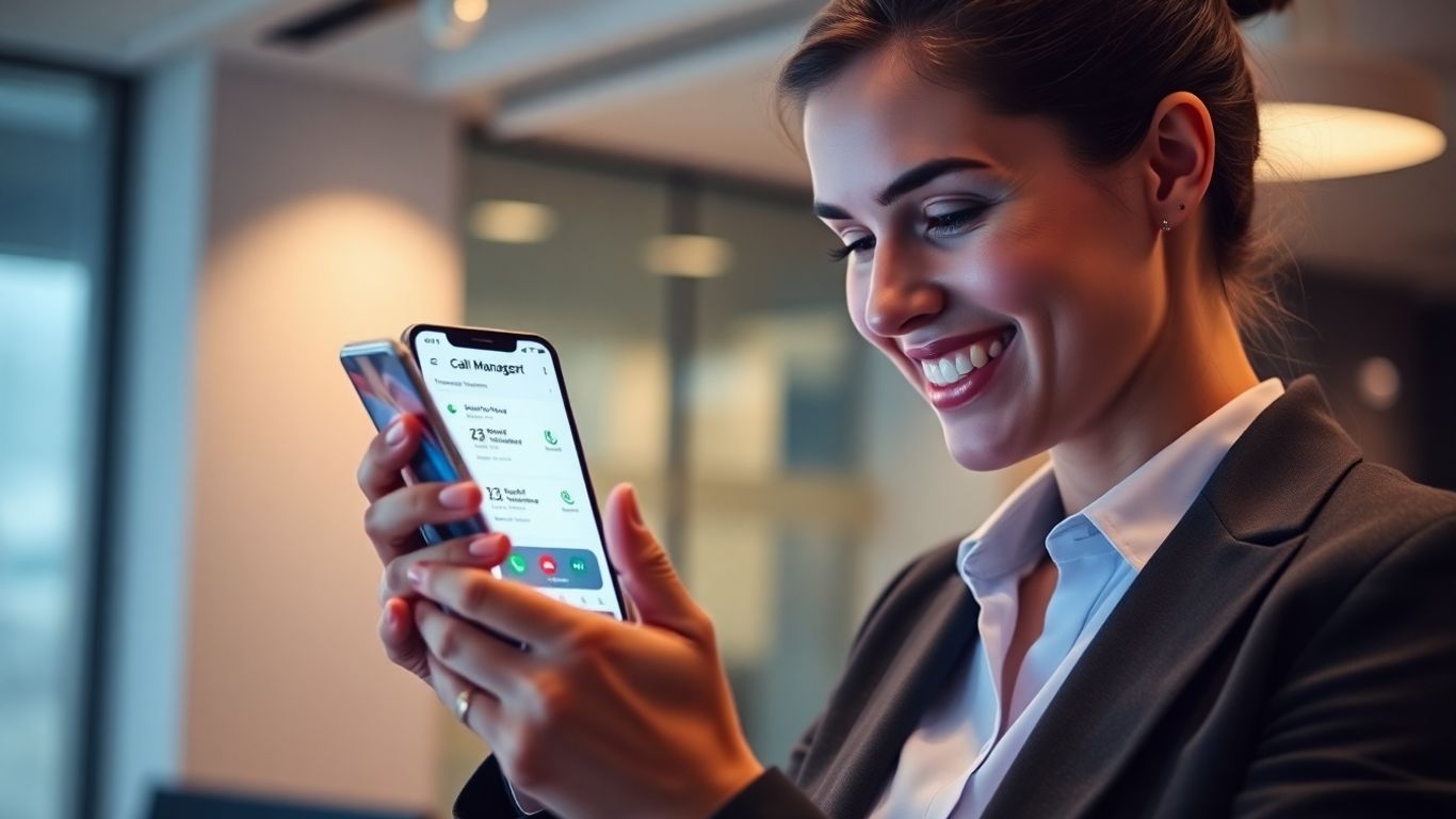 Business professional managing calls on a smartphone.