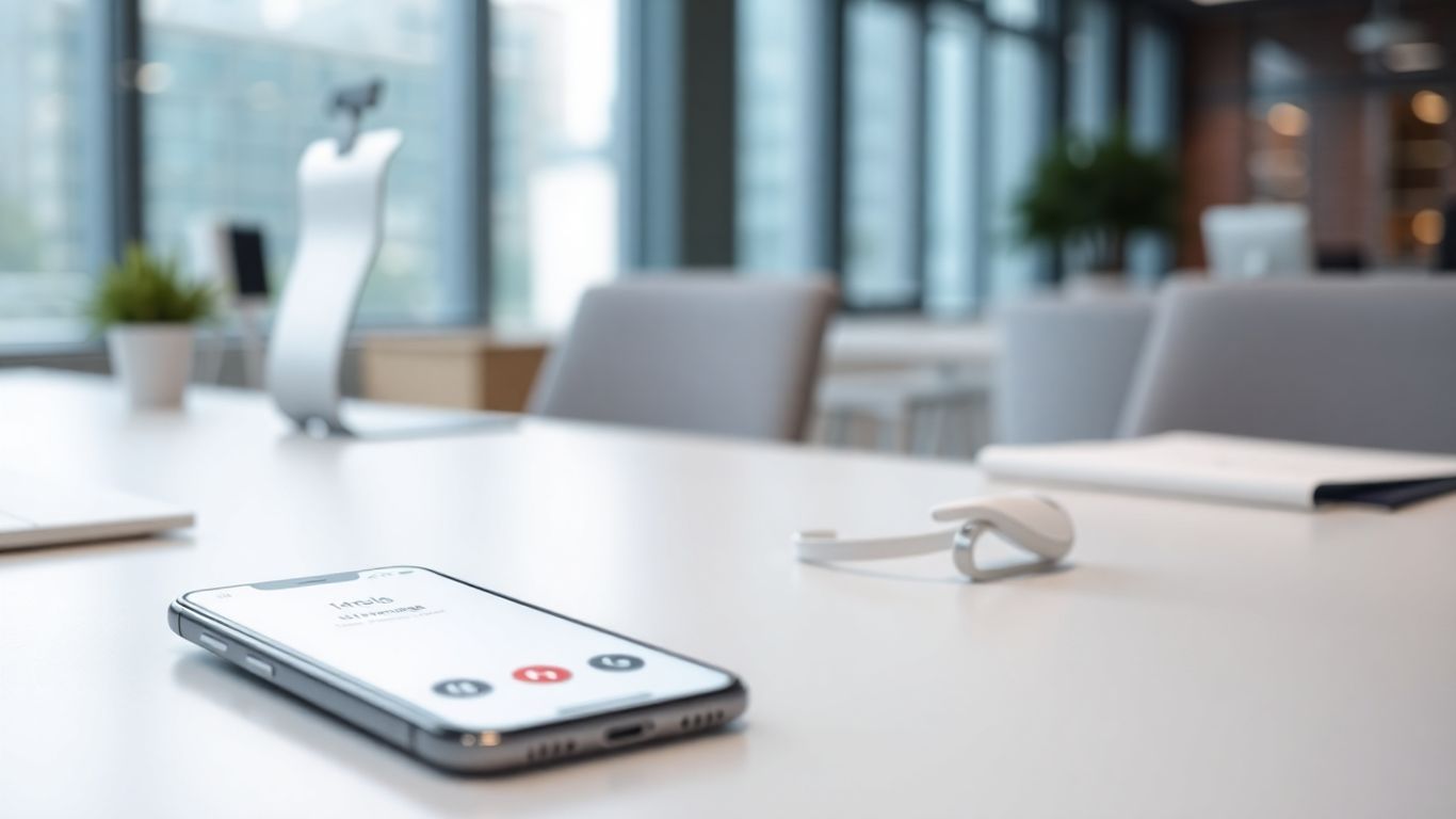 Smartphone displaying call management interface on a desk.