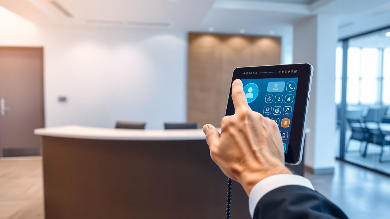 Modern phone system interface with a hand interacting.