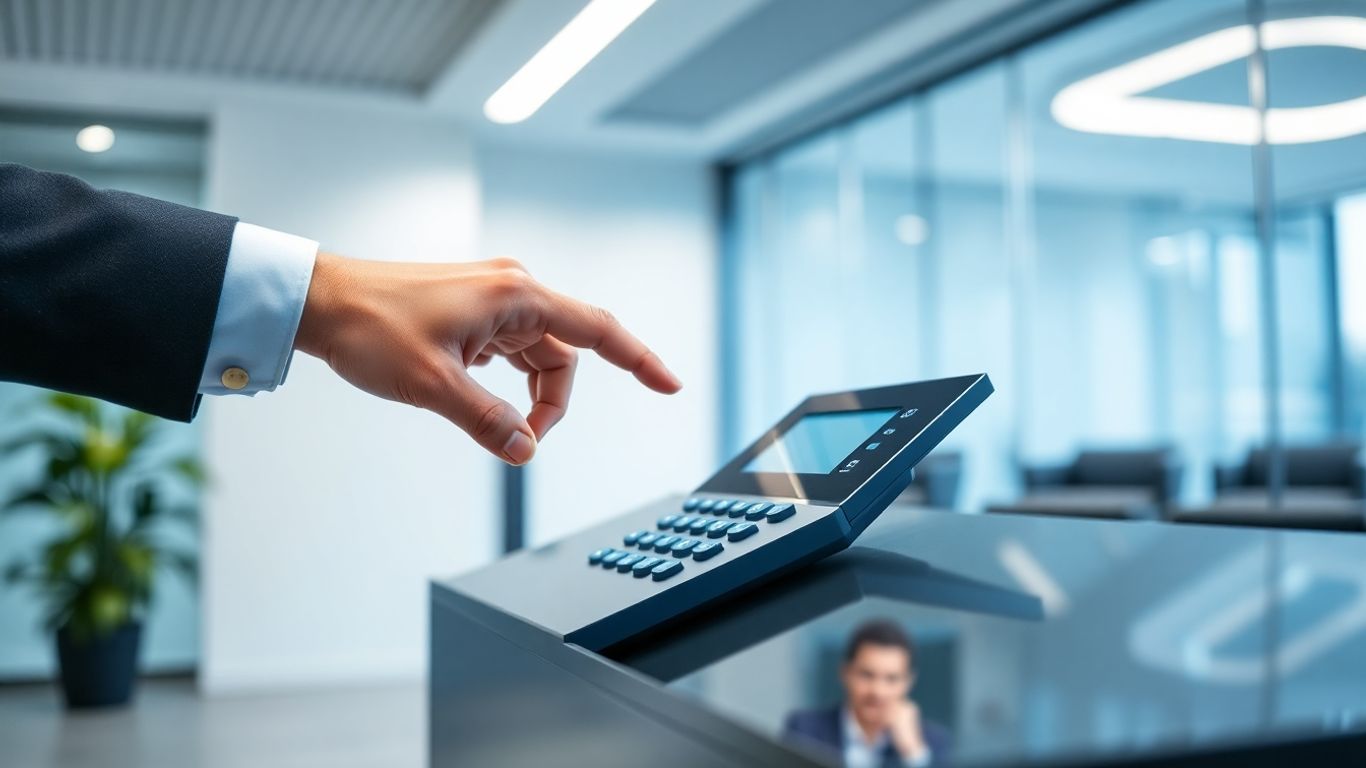 Modern phone system console in an office setting.