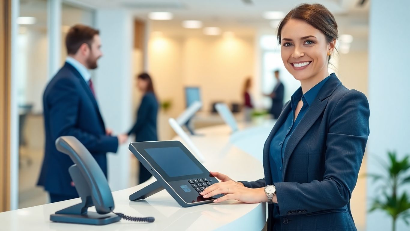 Modern office phone system with receptionist.