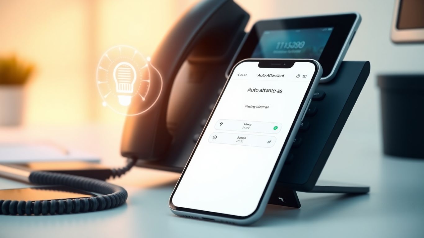 Smartphone with auto-attendant system and AI icon.